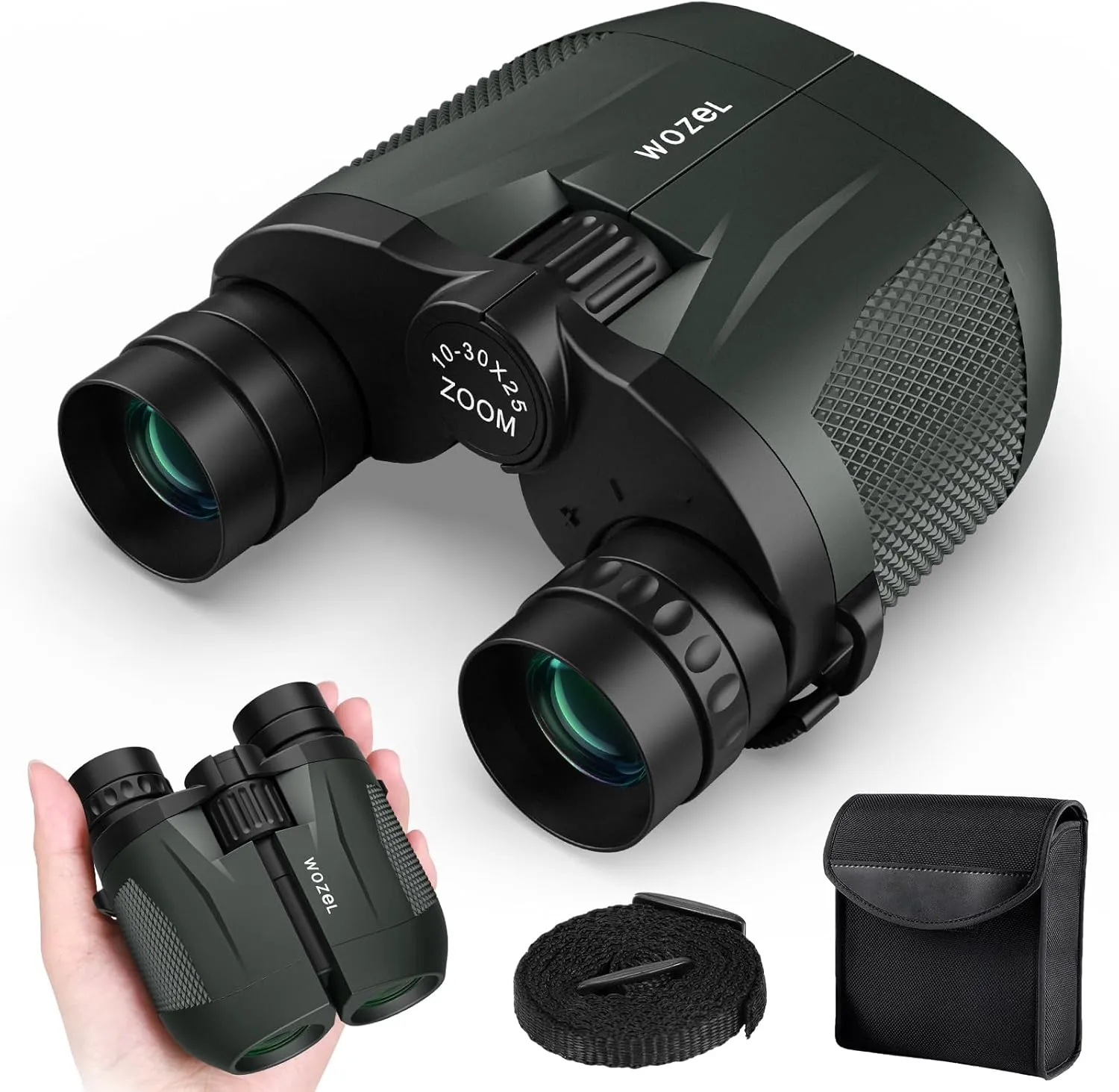 10-30x25 Compact Binoculars for Adults Kids - High Powered for Bird Watching Hunting Hiking Travel - Zoom Binoculars with Large & Bright Field of View, Green