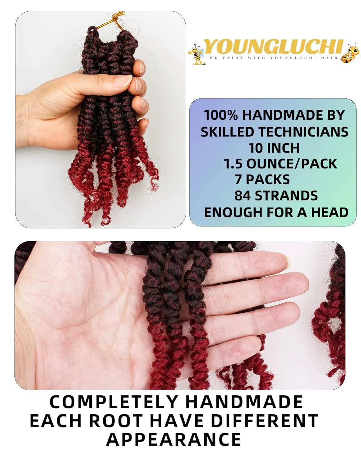 10 Inch 7 Packs Pre Looped Pretwisted Passion Twist Crochet Hair for Black Women and Kids-Ombre Burgundy,Soft Hair Extensions Braided by Synthetic Spring Kinky Twist Bohemian Curl(10"-7 Packs,T1B/BUG)