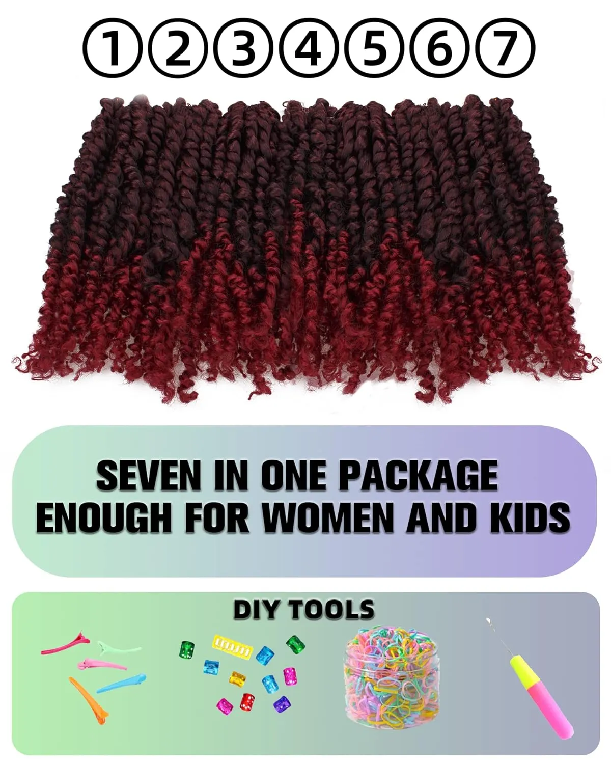 10 Inch 7 Packs Pre Looped Pretwisted Passion Twist Crochet Hair for Black Women and Kids-Ombre Burgundy,Soft Hair Extensions Braided by Synthetic Spring Kinky Twist Bohemian Curl(10"-7 Packs,T1B/BUG)
