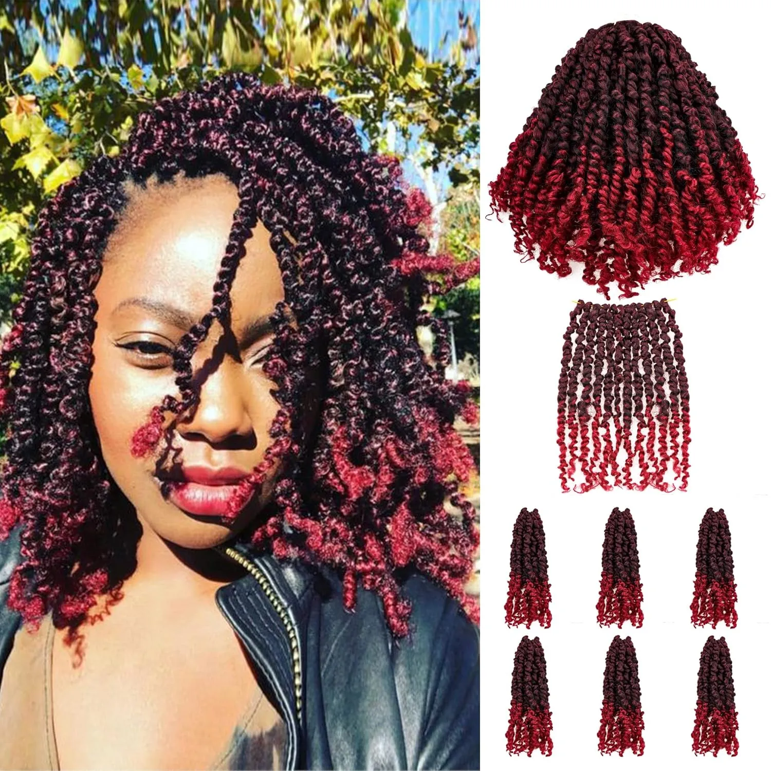 10 Inch 7 Packs Pre Looped Pretwisted Passion Twist Crochet Hair for Black Women and Kids-Ombre Burgundy,Soft Hair Extensions Braided by Synthetic Spring Kinky Twist Bohemian Curl(10"-7 Packs,T1B/BUG)