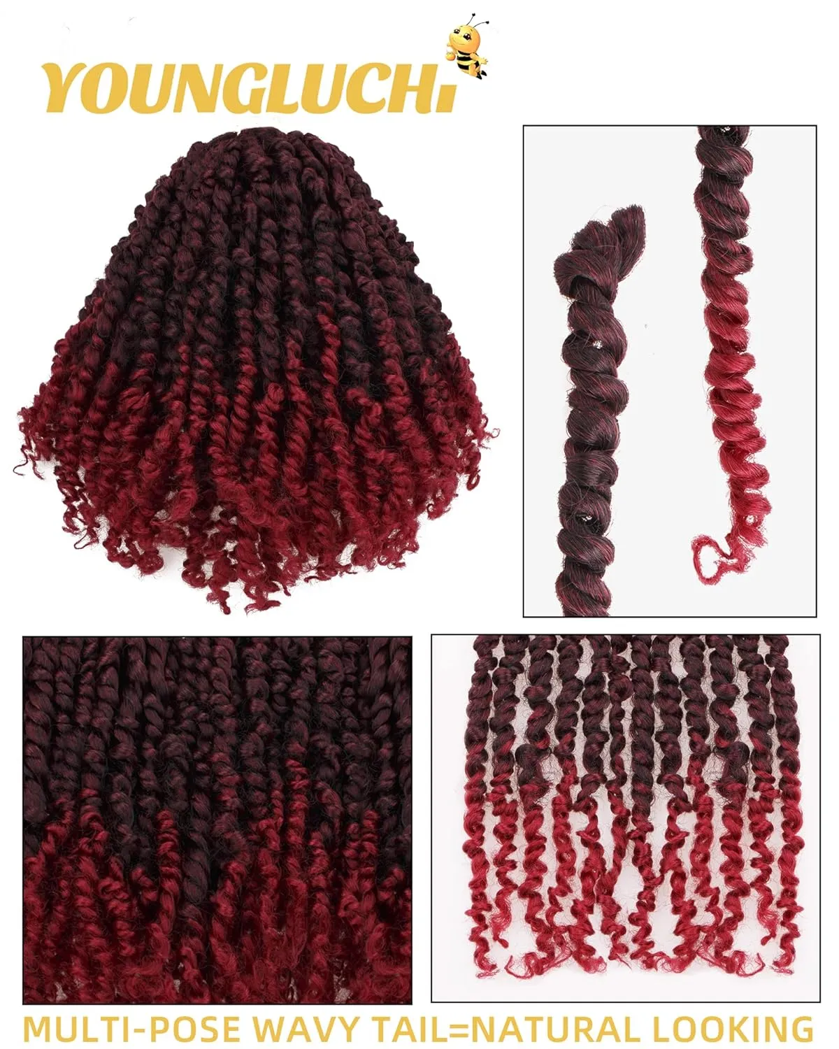 10 Inch 7 Packs Pre Looped Pretwisted Passion Twist Crochet Hair for Black Women and Kids-Ombre Burgundy,Soft Hair Extensions Braided by Synthetic Spring Kinky Twist Bohemian Curl(10"-7 Packs,T1B/BUG)