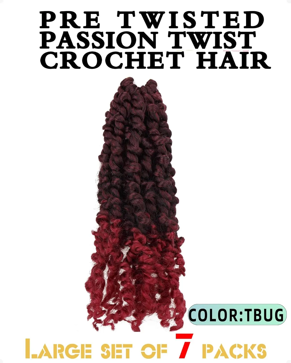10 Inch 7 Packs Pre Looped Pretwisted Passion Twist Crochet Hair for Black Women and Kids-Ombre Burgundy,Soft Hair Extensions Braided by Synthetic Spring Kinky Twist Bohemian Curl(10"-7 Packs,T1B/BUG)