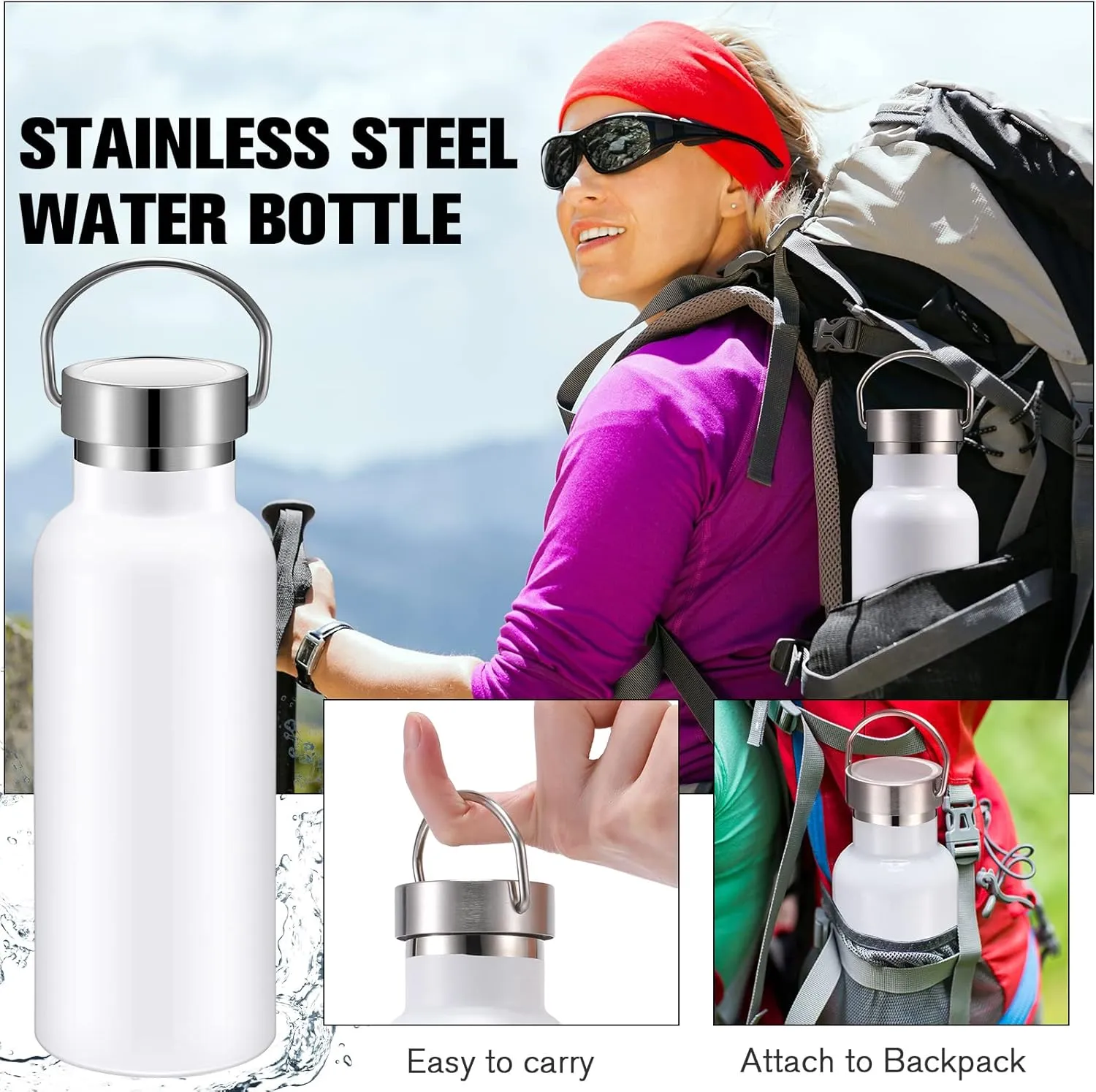 10 Pack 17oz Stainless Steel Sports Water Bottle Double Wall Insulated Bottle with Handle and Vacuum Seal Leakproof Lid for Cyclists Runners Hikers Beach Goers Picnics Camping Gift (White)