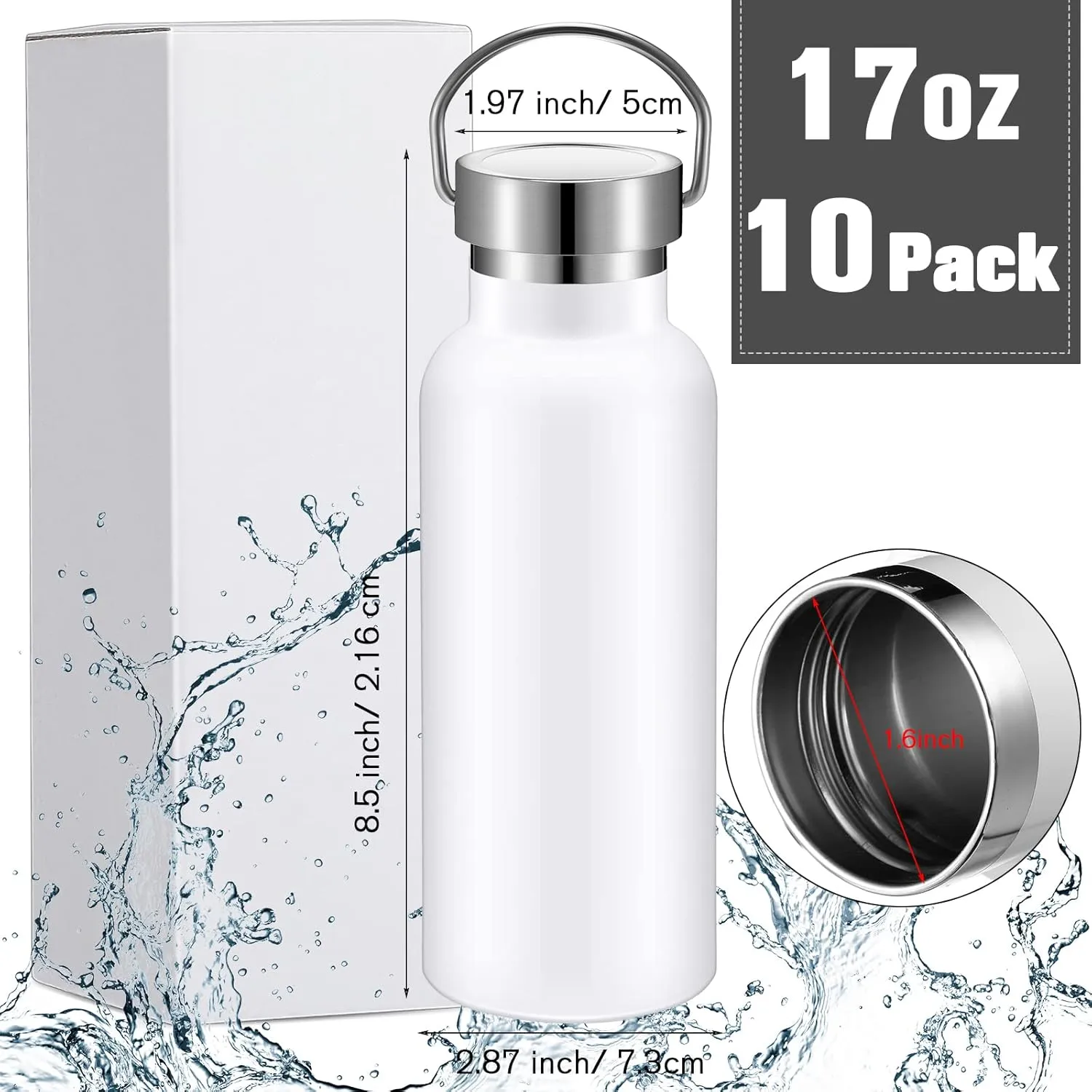 10 Pack 17oz Stainless Steel Sports Water Bottle Double Wall Insulated Bottle with Handle and Vacuum Seal Leakproof Lid for Cyclists Runners Hikers Beach Goers Picnics Camping Gift (White)