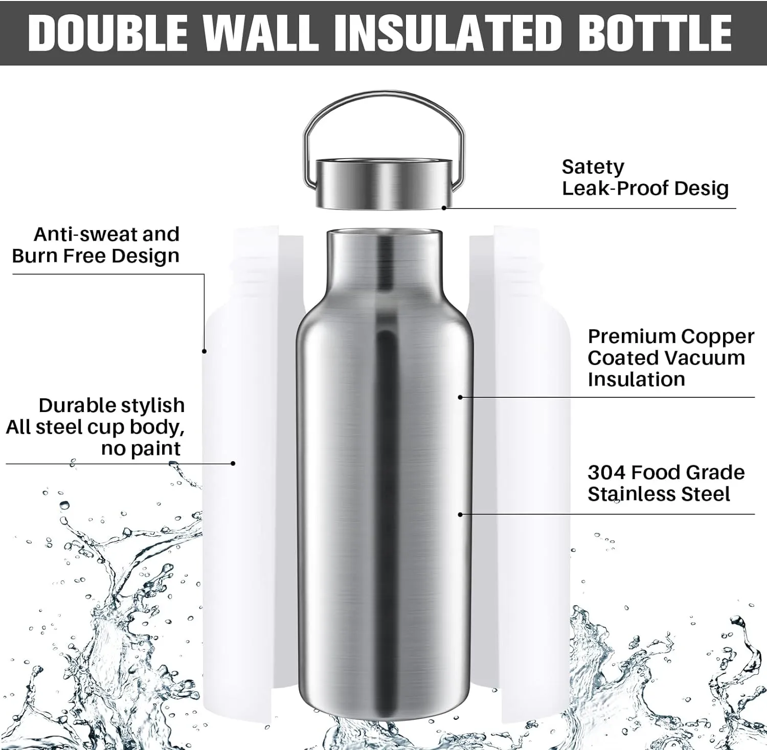 10 Pack 17oz Stainless Steel Sports Water Bottle Double Wall Insulated Bottle with Handle and Vacuum Seal Leakproof Lid for Cyclists Runners Hikers Beach Goers Picnics Camping Gift (White)