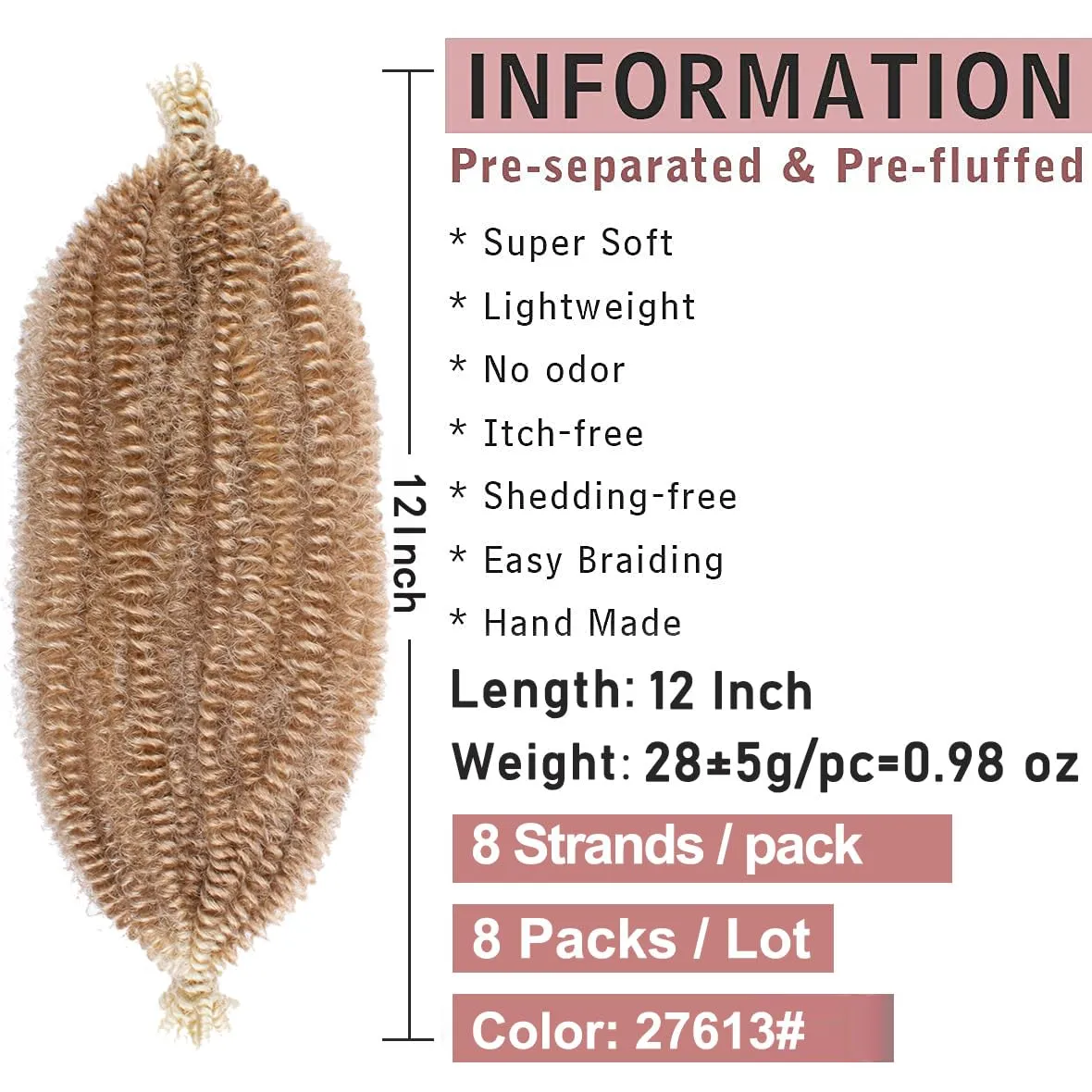 12 Inch Pre-Separated Springy Afro Twist Hair 8 Packs Spring Twist Crochet Braiding Hair For Butterfly Soft Locs Light Brown/Blonde Synthetic Marley Twist Hair For Women(8 Strands/Pack,T27613#)
