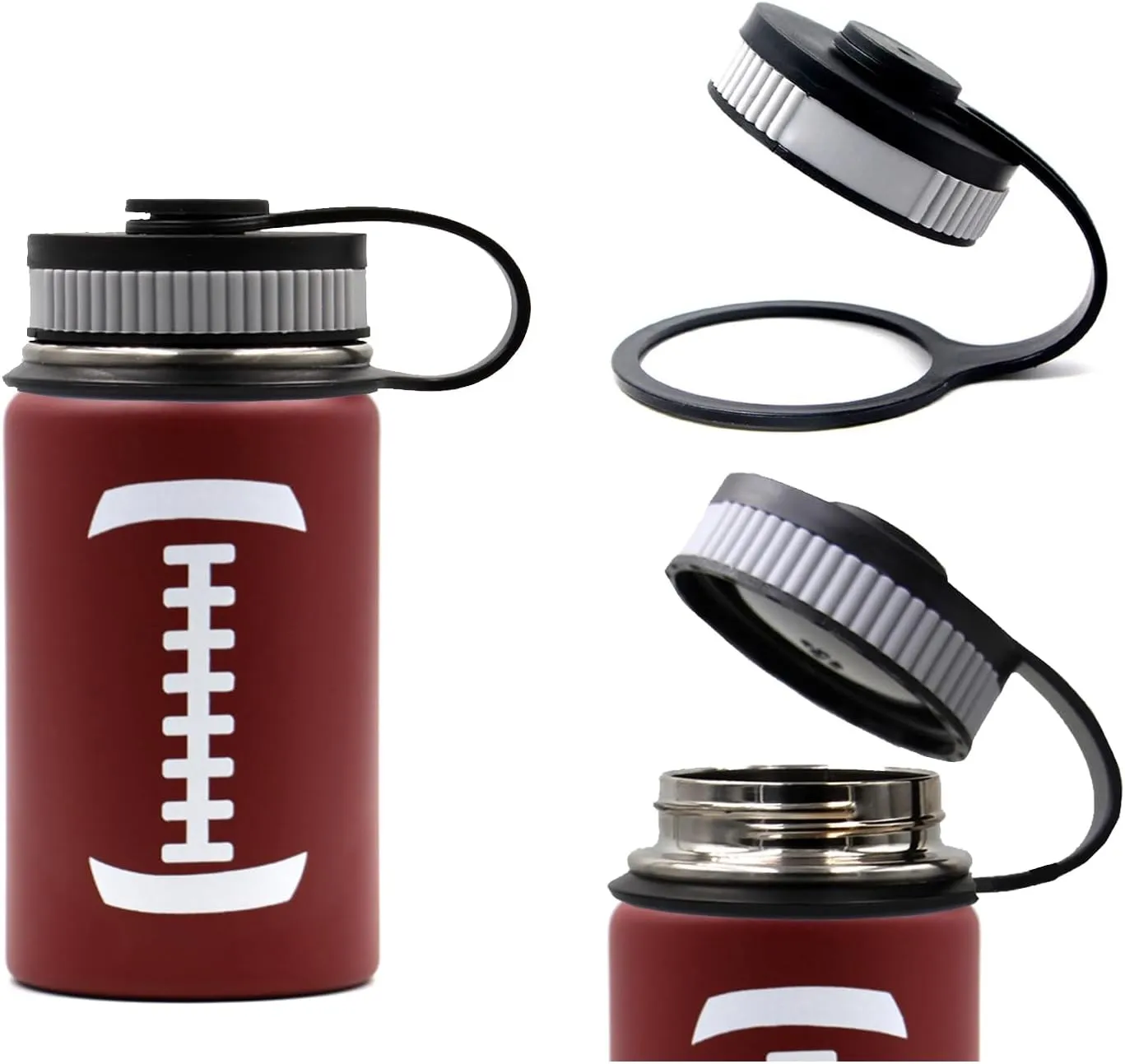 12 oz Football Water Bottle, Metal Sports Flask Travel Tumbler with 2 Lids, Stainless Steel Double Wall Vacuum Insulated Water Bottles, Football Accessories Gear Gifts for Boys Girls Fan