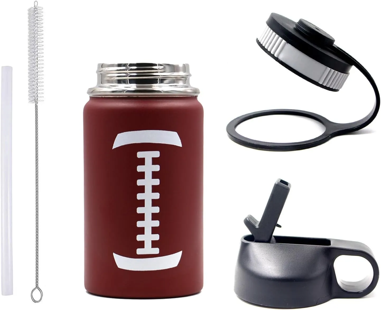 12 oz Football Water Bottle, Metal Sports Flask Travel Tumbler with 2 Lids, Stainless Steel Double Wall Vacuum Insulated Water Bottles, Football Accessories Gear Gifts for Boys Girls Fan