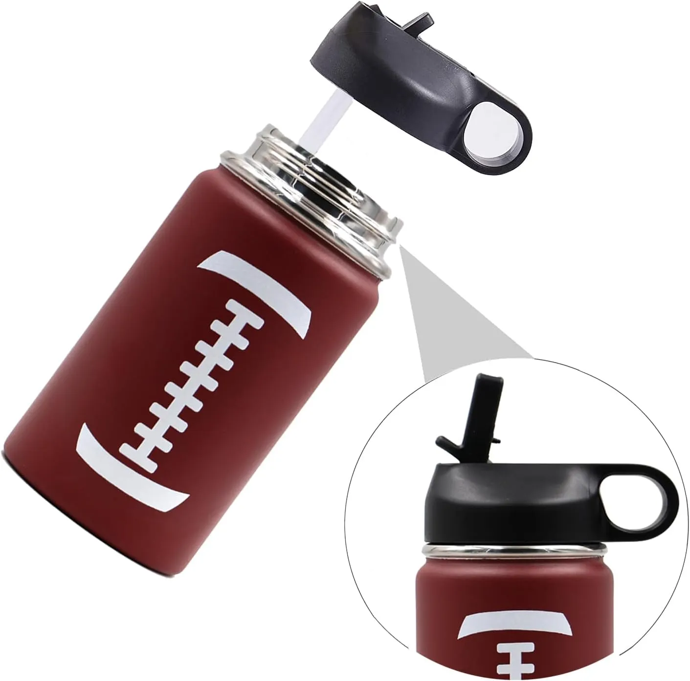 12 oz Football Water Bottle, Metal Sports Flask Travel Tumbler with 2 Lids, Stainless Steel Double Wall Vacuum Insulated Water Bottles, Football Accessories Gear Gifts for Boys Girls Fan