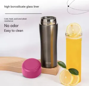 12oz/350ml Stainless Steel Vacuum Insulated Water Bottle with glass liner inside,glass lined thermos for Coffee Hot drink and Cold drink water flask(Fuchsia)