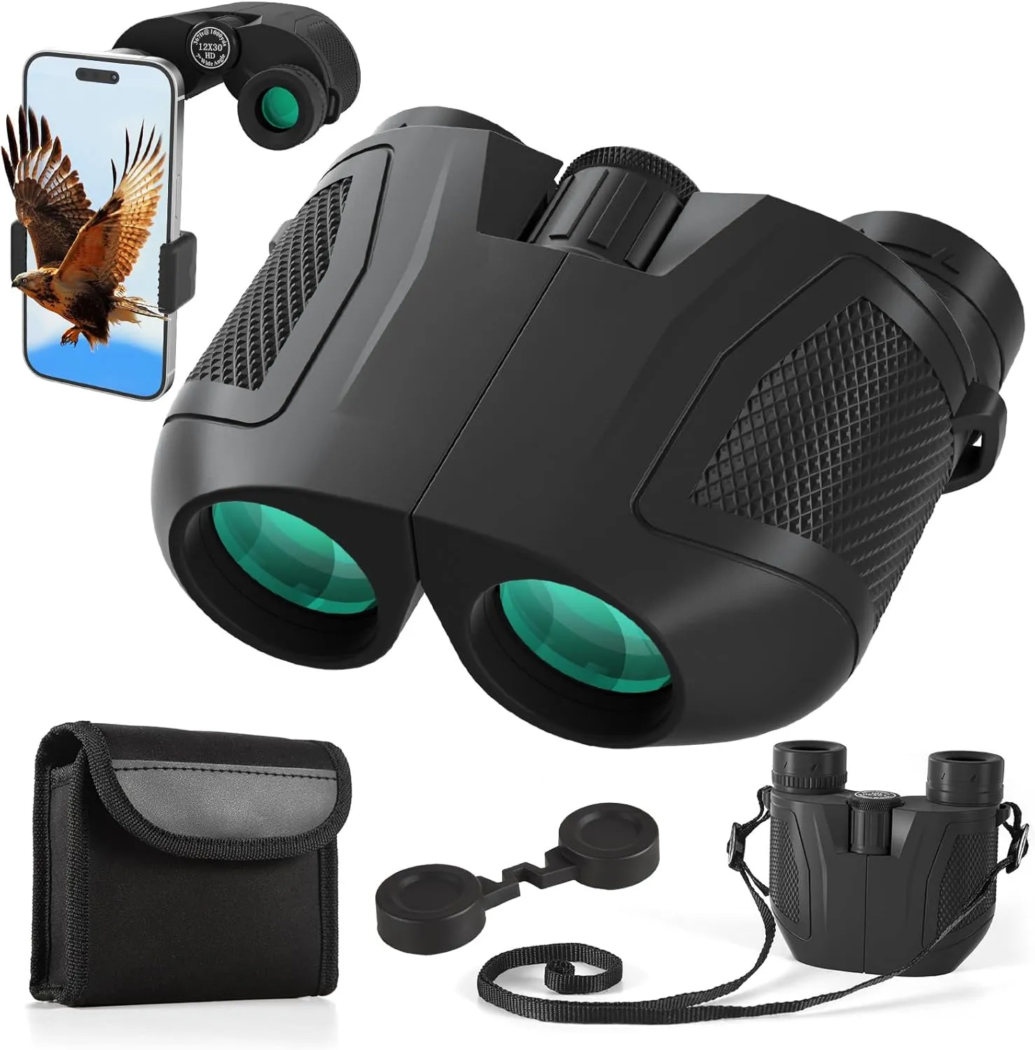 12x30 Compact Binoculars for Adults High Powered - Travel Small Binoculars with Phone Adapter for Cruise Ship Hiking Bird Watching Sports Safari Viewing Football Sports Concert
