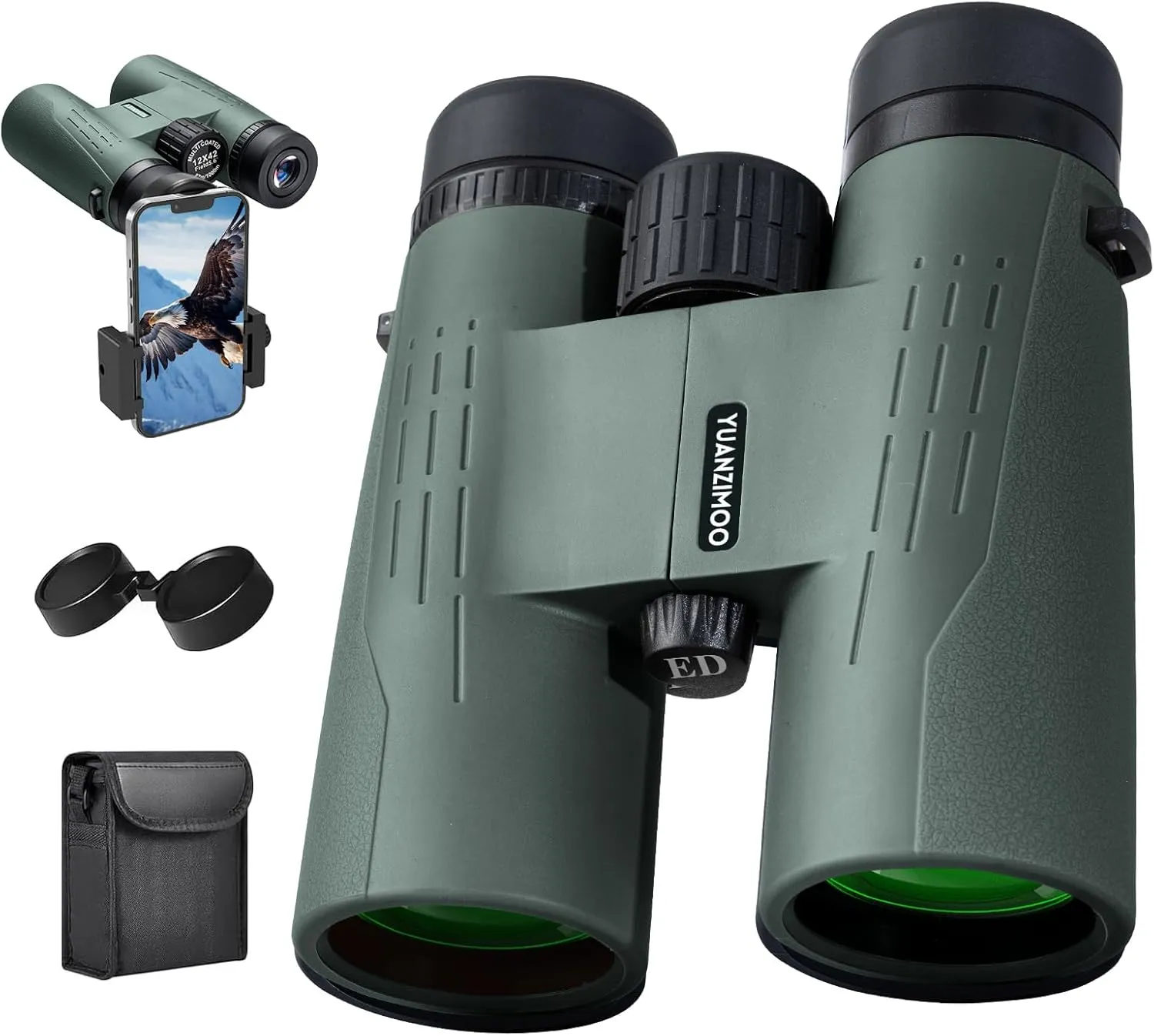 12x42 HD Binoculars for Adults High Powered Binoculars with Upgraded Phone Adapter Waterproof Compact Binocular with Low Light Night Vision for Bird Watching Hunting Outdoor Sports Concerts Green