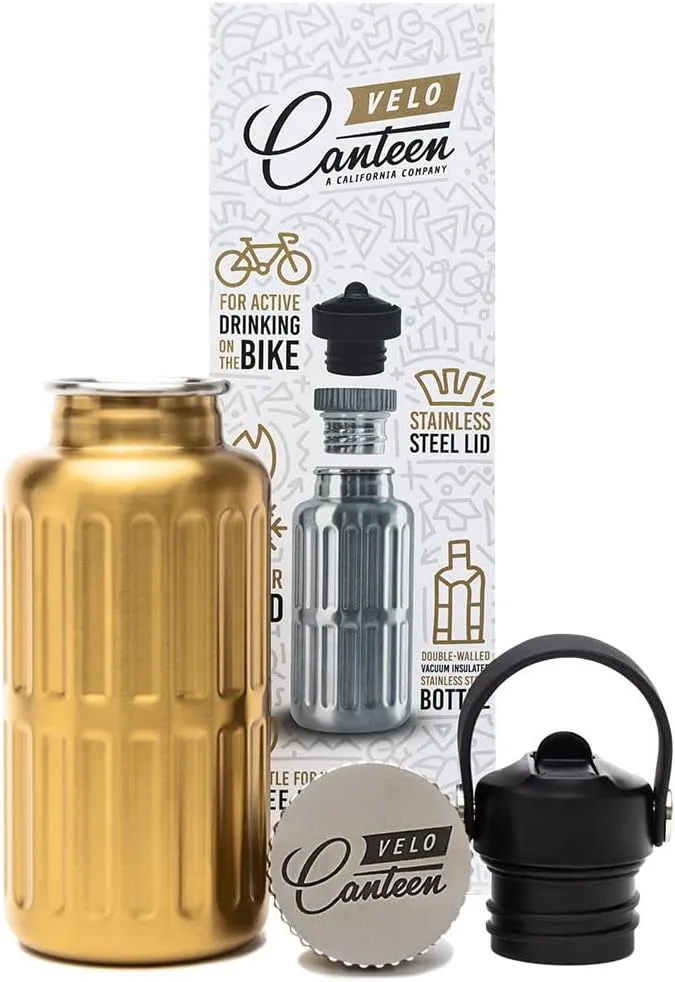 13.5 Oz, Fits in Bicycle Bottle Cage, 2 Lids (Straw Lid),Gold Color, Double Walled Vacuum Insulated Stainless Steel, Coffee Bottle