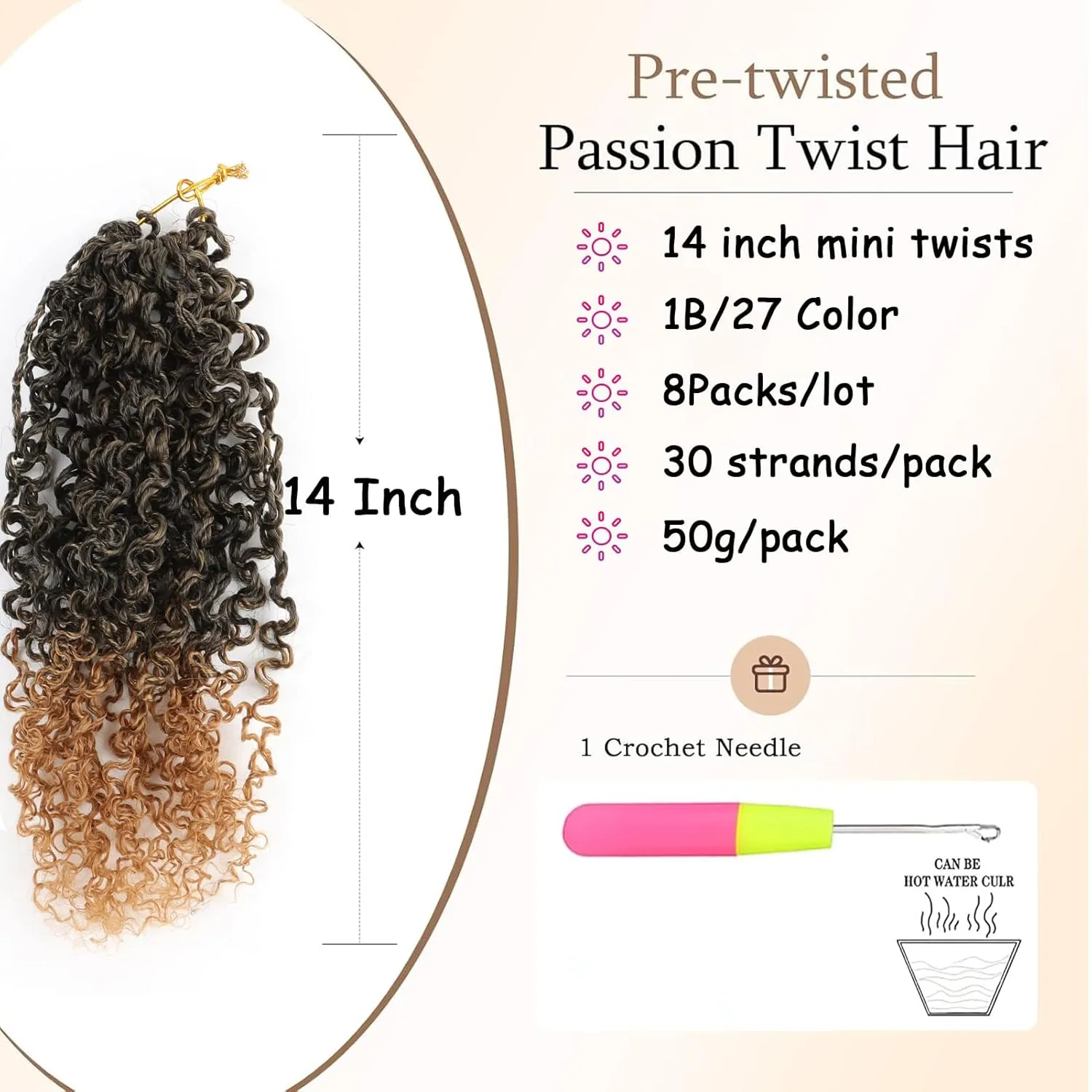 14 Inch Yanky Twist Crochet Hair 8 Packs Pre-twisted Ombre Honey Blonde Kinky Mini Spring Twist Small Curly Senegalese Twist Braids (1B/27#)