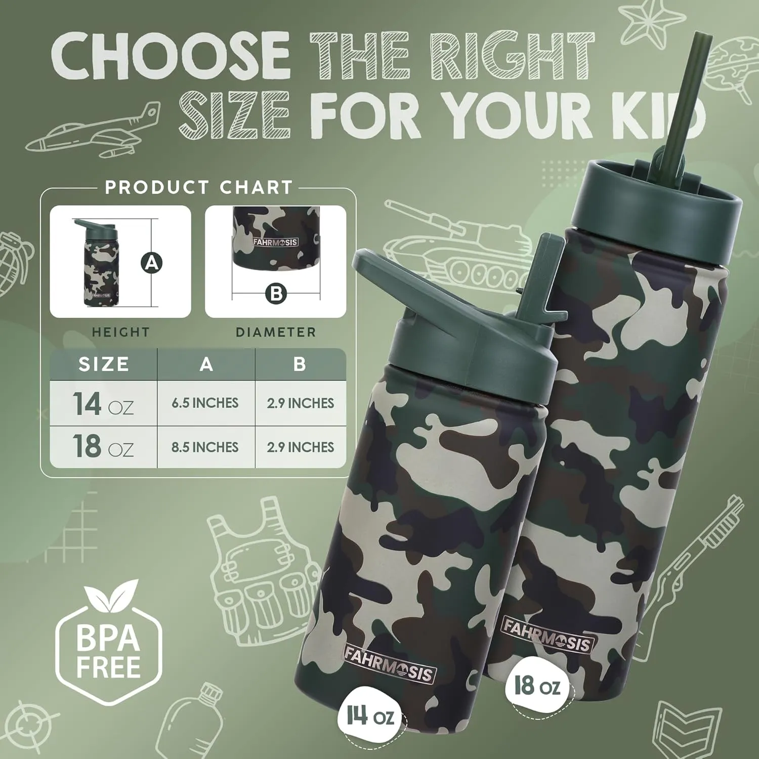 14 OZ Kids Water Bottle with Carrier Bag & Strap Leak Proof Metal Insulated Stainless Steel Tumbler with 2 Lids (Flip & Spout) for School & Sports Water Bottle with Straw - Camo