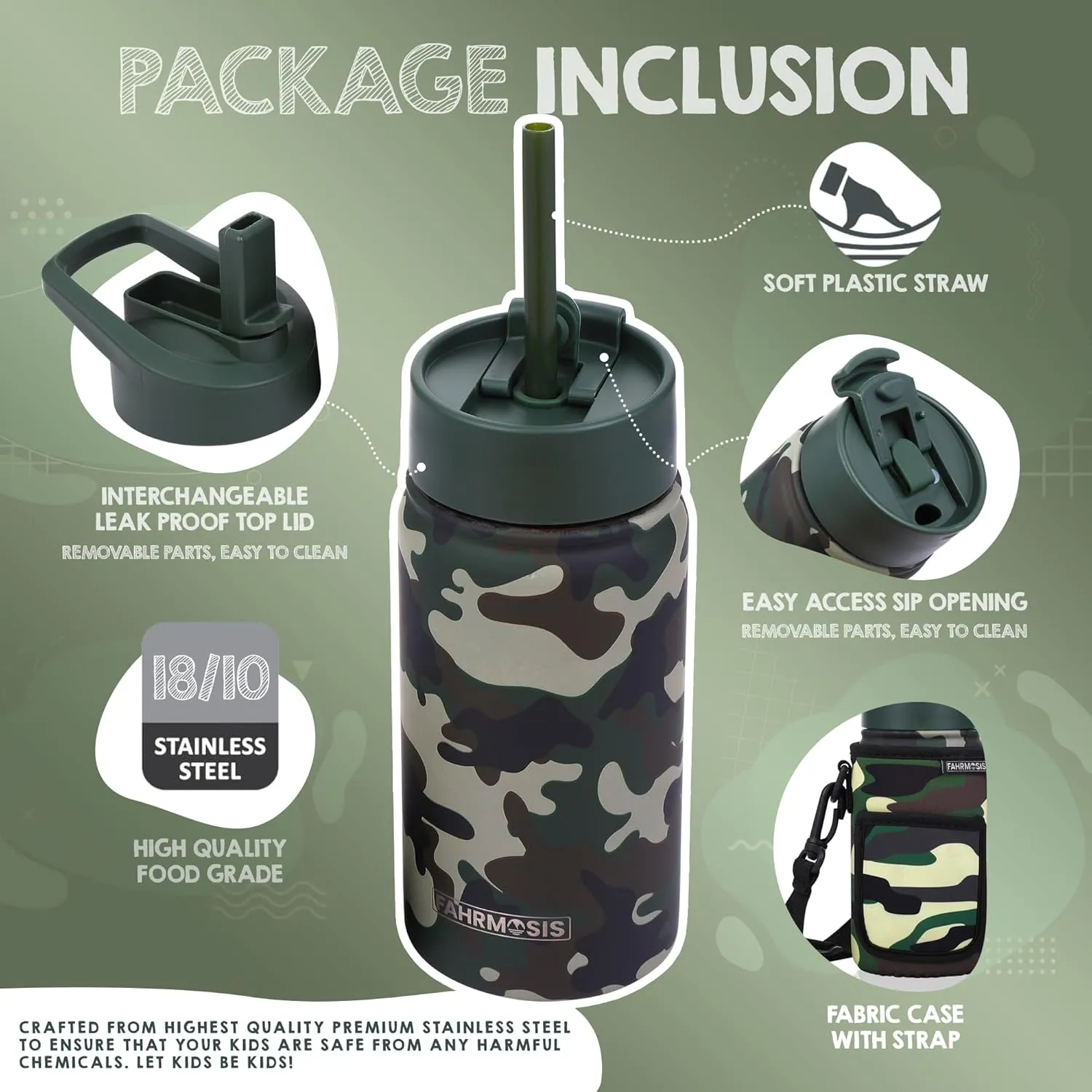 14 OZ Kids Water Bottle with Carrier Bag & Strap Leak Proof Metal Insulated Stainless Steel Tumbler with 2 Lids (Flip & Spout) for School & Sports Water Bottle with Straw - Camo