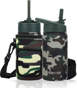 14 OZ Kids Water Bottle with Carrier Bag & Strap Leak Proof Metal Insulated Stainless Steel Tumbler with 2 Lids (Flip & Spout) for School & Sports Water Bottle with Straw - Camo