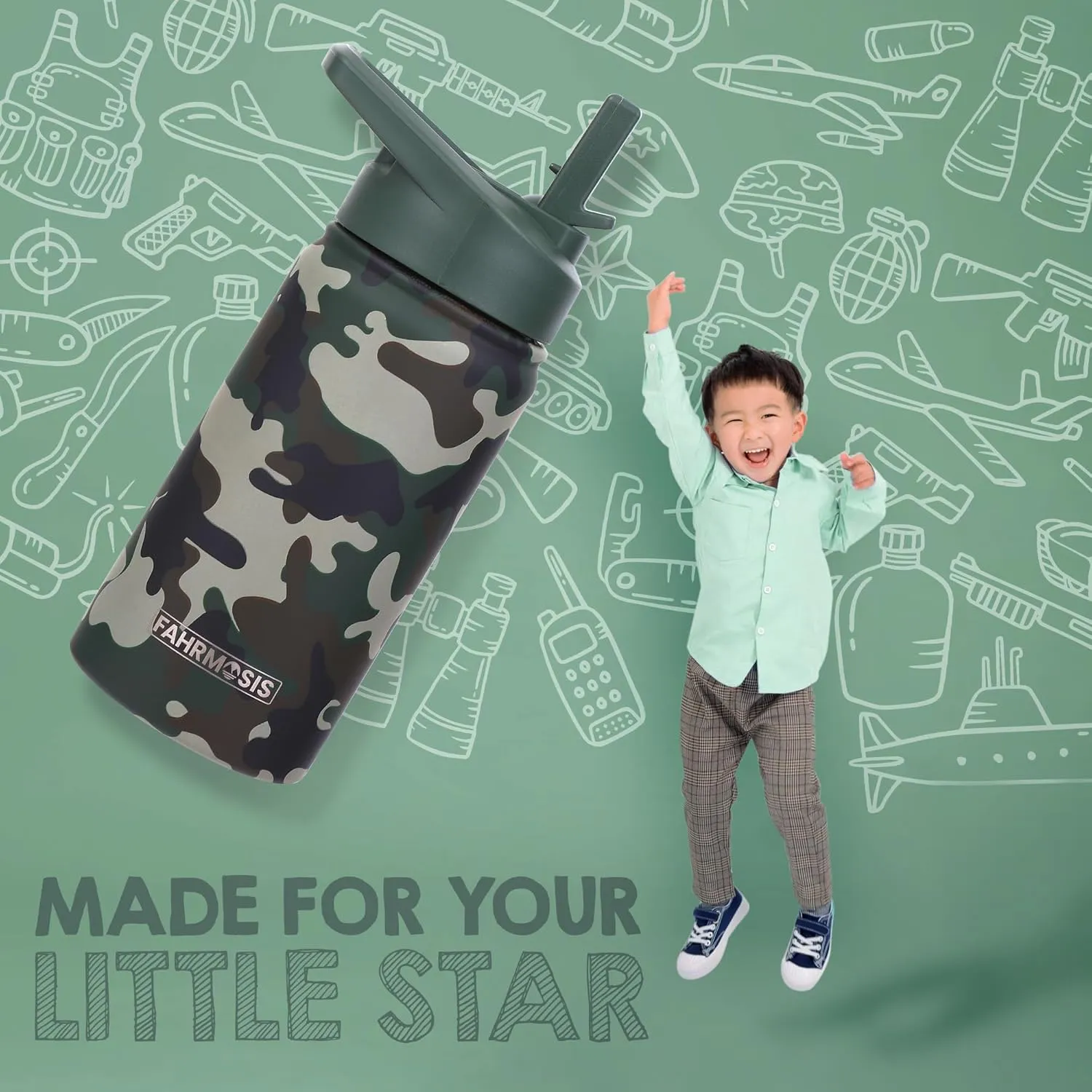 14 OZ Kids Water Bottle with Carrier Bag & Strap Leak Proof Metal Insulated Stainless Steel Tumbler with 2 Lids (Flip & Spout) for School & Sports Water Bottle with Straw - Camo