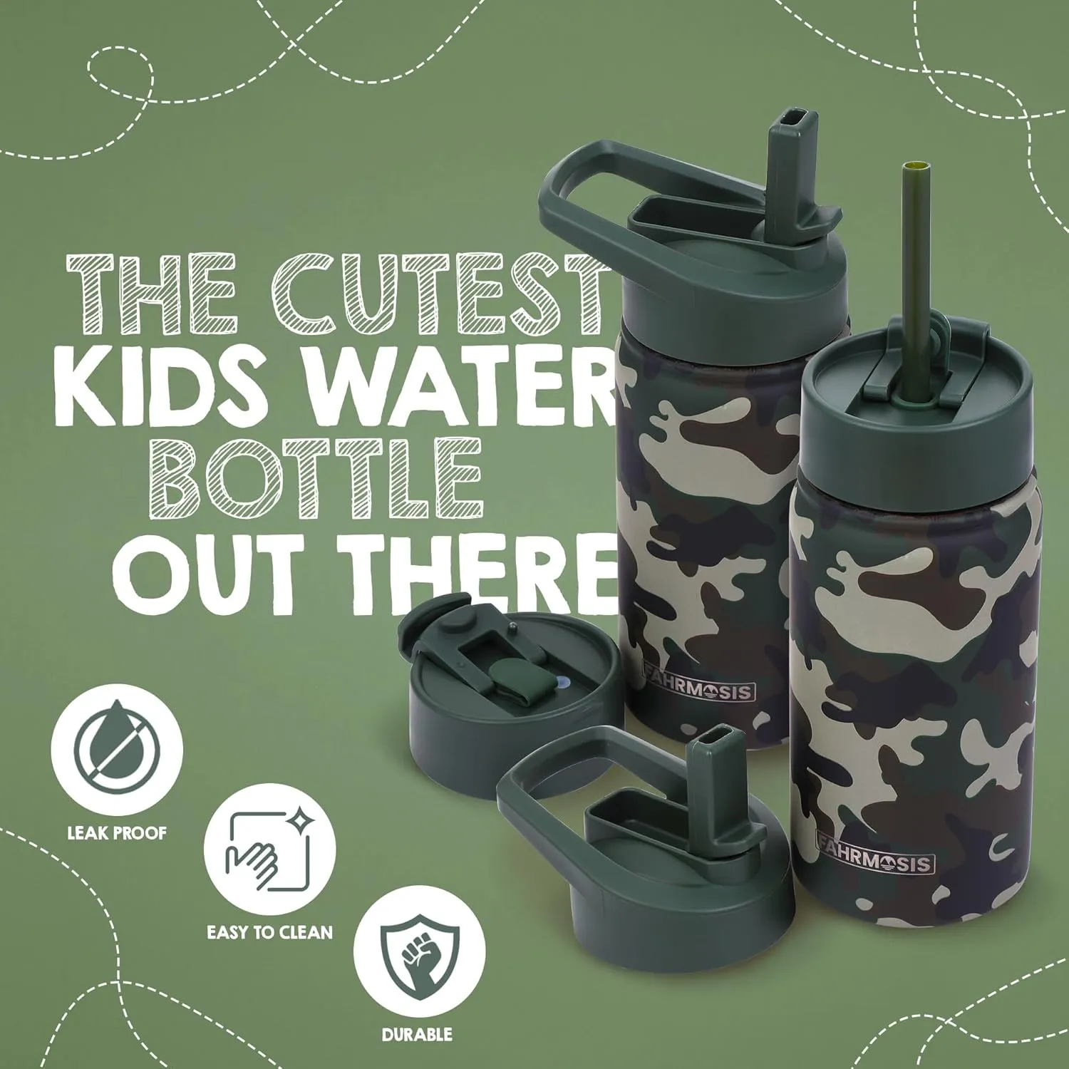 14 OZ Kids Water Bottle with Carrier Bag & Strap Leak Proof Metal Insulated Stainless Steel Tumbler with 2 Lids (Flip & Spout) for School & Sports Water Bottle with Straw - Camo