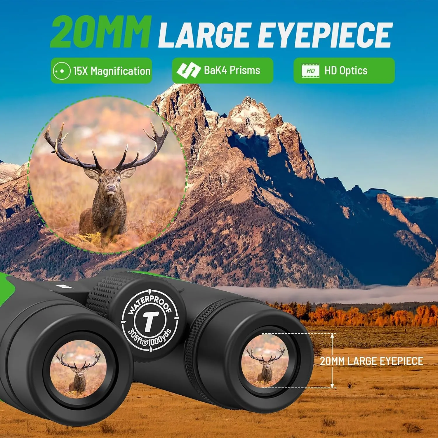 15x55 HD Binoculars for Adults High Powered,8° Wide Angle Binoculars,367/1000yds,BAK4 Prism FMC Lens,IPX7 Waterproof Binoculars for Bird Watching Hiking Travel Sports with Phone Adapter(Green)