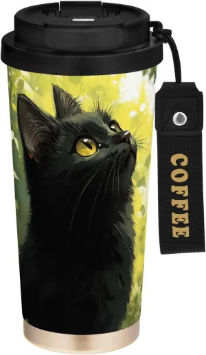 17 oz Insulated Coffee Mug Cute Black Cat Jungle with Straw and Leak Proof Lid Double Wall Water Bottle Stainless Steel Vacuum Thermal Travel Drinking Cup BPA Free for Hot/Cold Drink