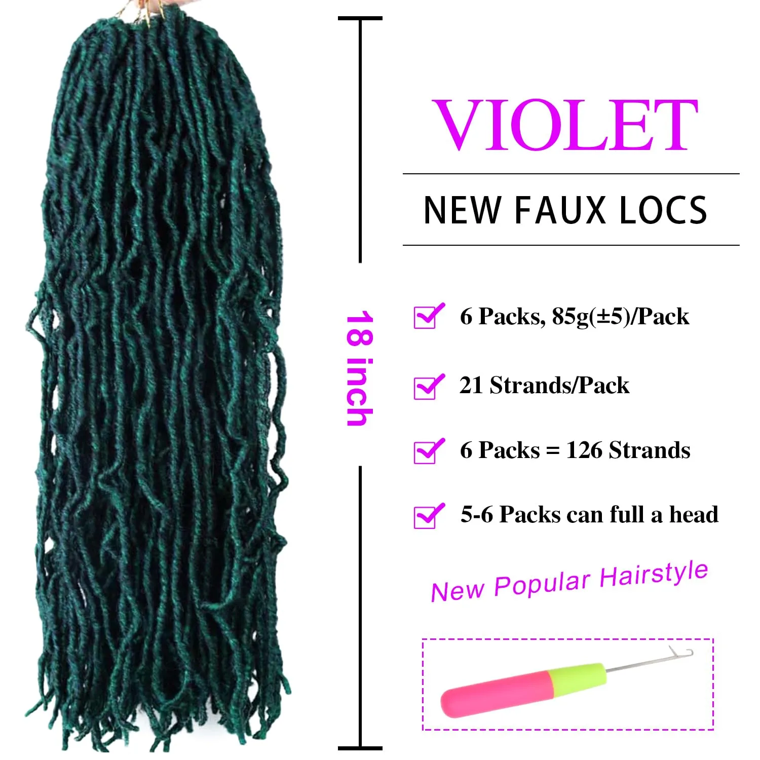 18 Inch Faux Locs Crochet Hair 6 Packs Soft Locs Crochet Hair M1B/Green Crochet Hair for Black Women Synthetic Crochet Braids Hair Extensions (18Inch, 6Packs, M1B/Green)