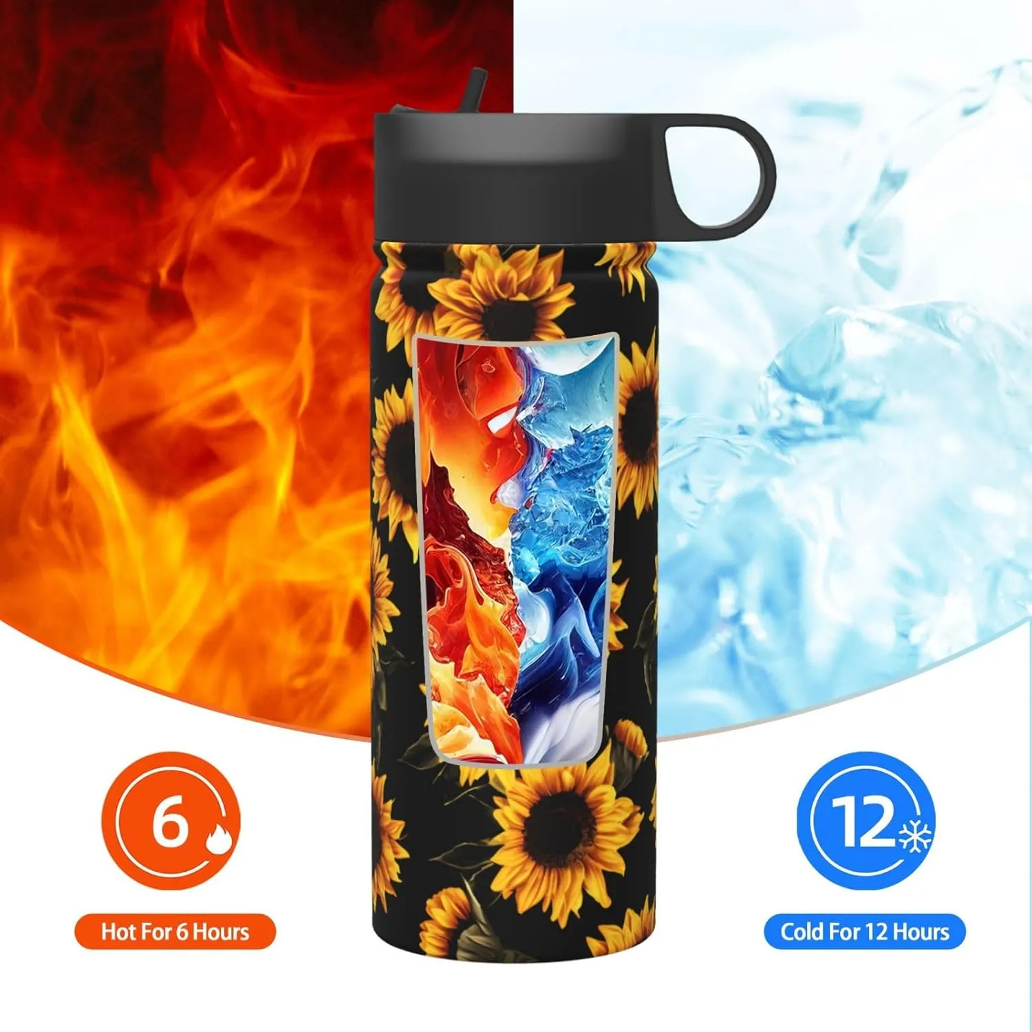 18 oz Autumn Floral Double Wall Insulated Water Bottle with Straw and Lid, Stainless Steel Sports Bottles Sunflowers Travel Mug for Home Office
