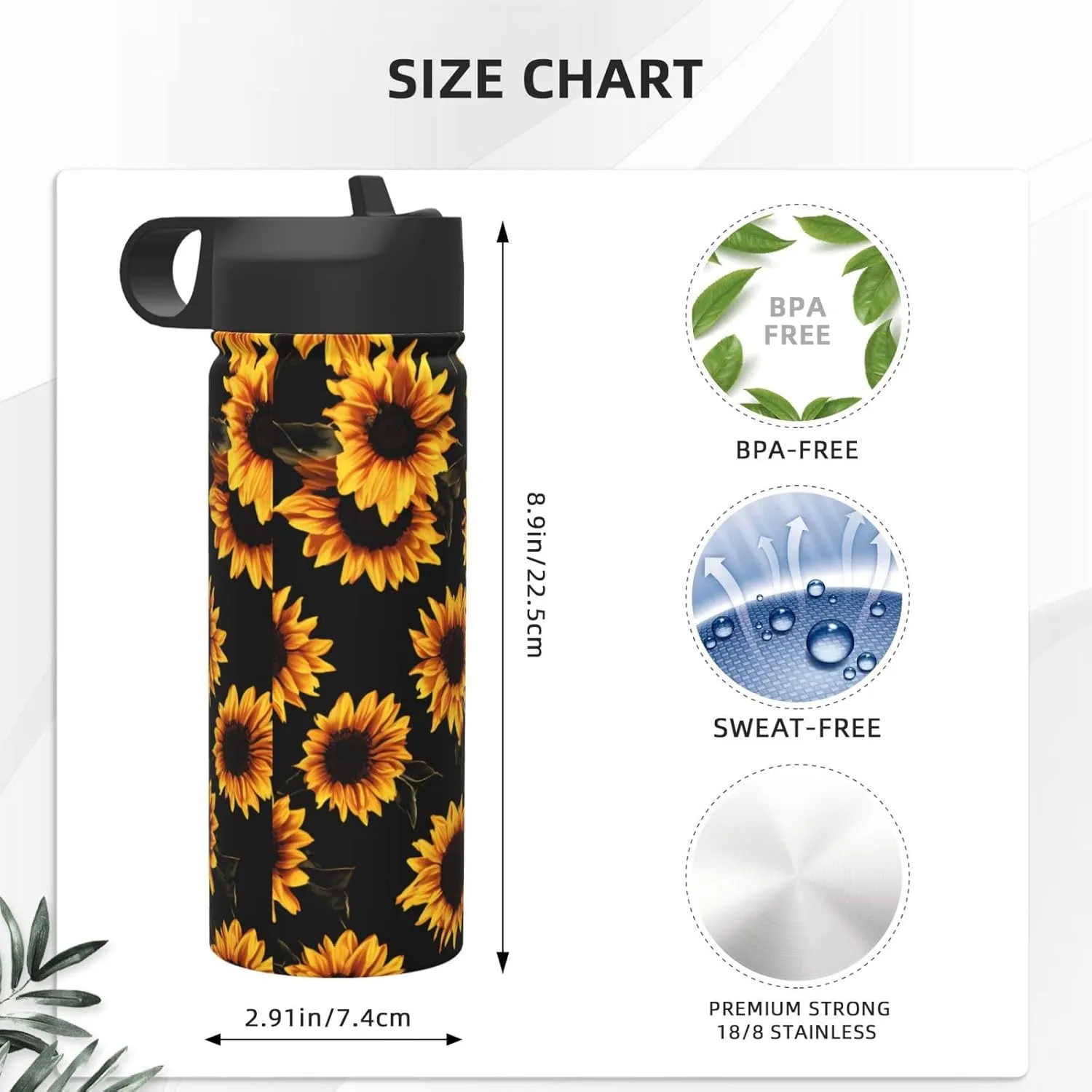 18 oz Autumn Floral Double Wall Insulated Water Bottle with Straw and Lid, Stainless Steel Sports Bottles Sunflowers Travel Mug for Home Office
