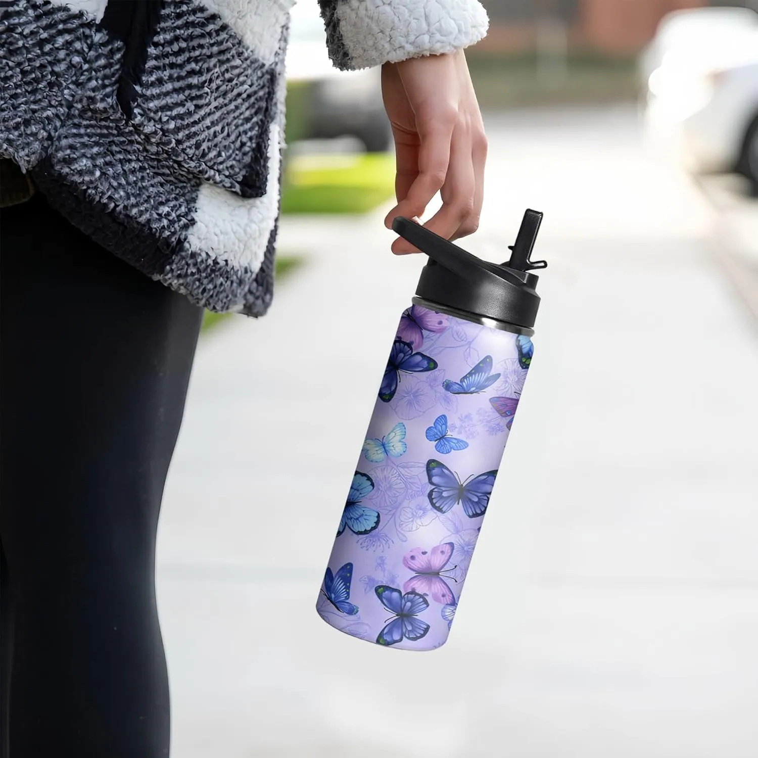 18oz Butterfly Water Bottle with Handle and Flip Straw, Floral Sports Stainless Steel Insulated Cup, Travel Coffee Mug Tumbler, Birthday Mothers Day Chritmas Gifts for Women Animal Lovers