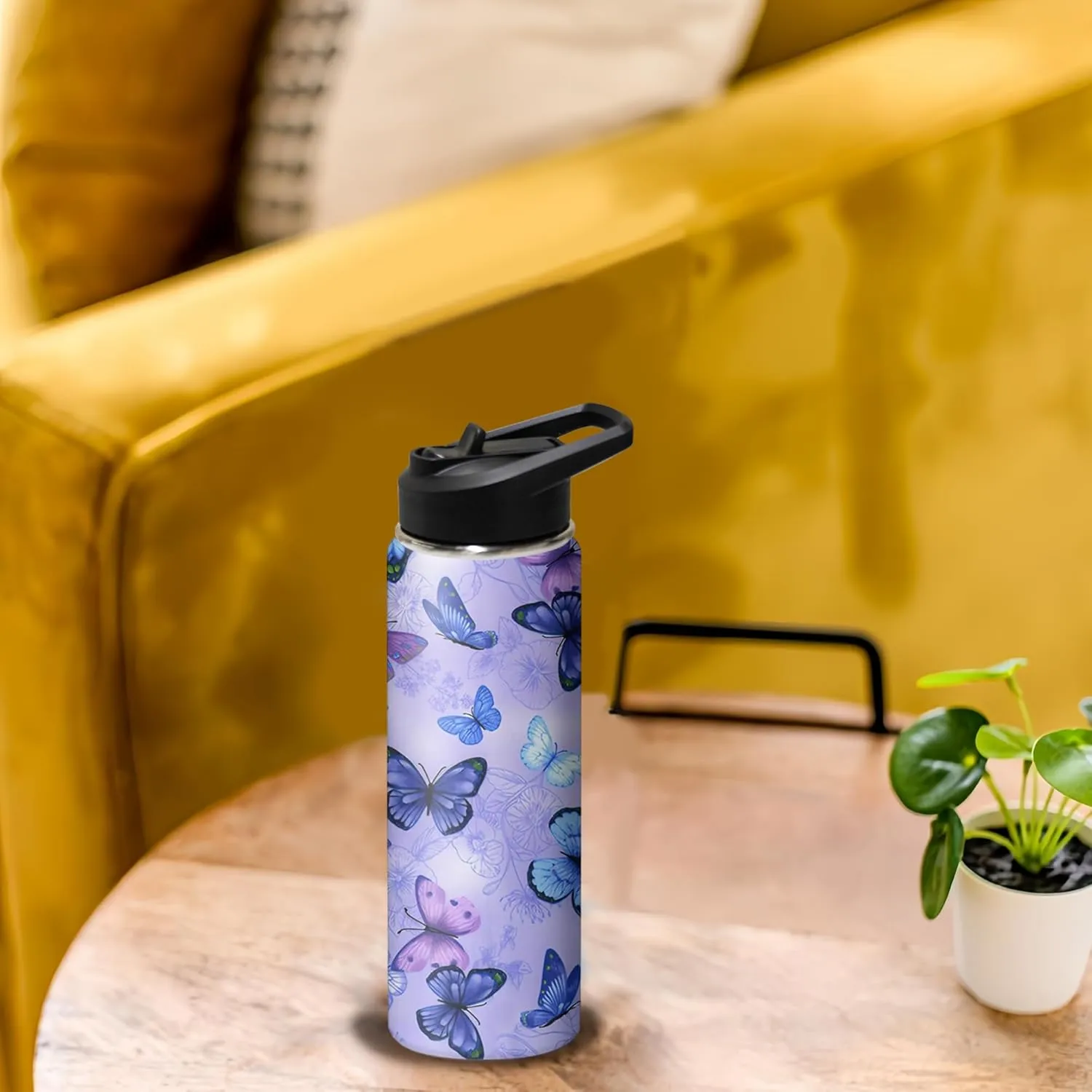 18oz Butterfly Water Bottle with Handle and Flip Straw, Floral Sports Stainless Steel Insulated Cup, Travel Coffee Mug Tumbler, Birthday Mothers Day Chritmas Gifts for Women Animal Lovers