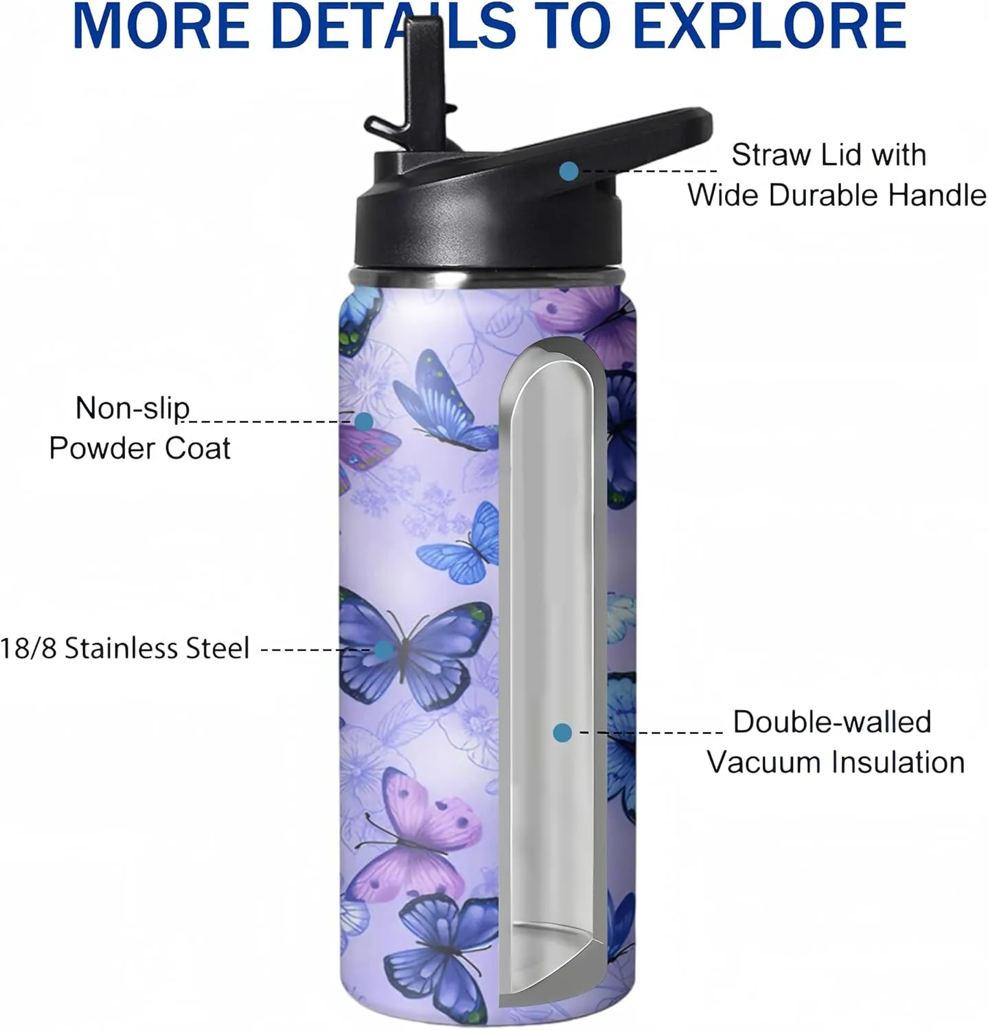 18oz Butterfly Water Bottle with Handle and Flip Straw, Floral Sports Stainless Steel Insulated Cup, Travel Coffee Mug Tumbler, Birthday Mothers Day Chritmas Gifts for Women Animal Lovers