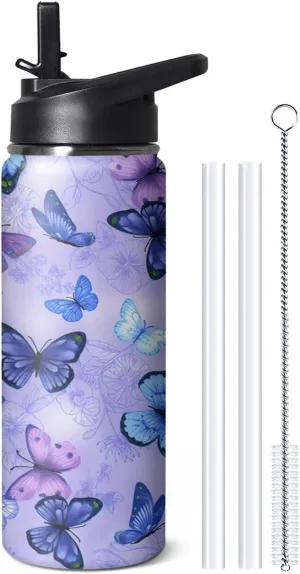 18oz Butterfly Water Bottle with Handle and Flip Straw, Floral Sports Stainless Steel Insulated Cup, Travel Coffee Mug Tumbler, Birthday Mothers Day Chritmas Gifts for Women Animal Lovers