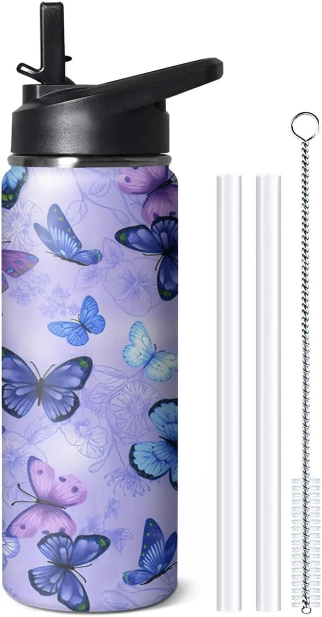 18oz Butterfly Water Bottle with Handle and Flip Straw, Floral Sports Stainless Steel Insulated Cup, Travel Coffee Mug Tumbler, Birthday Mothers Day Chritmas Gifts for Women Animal Lovers
