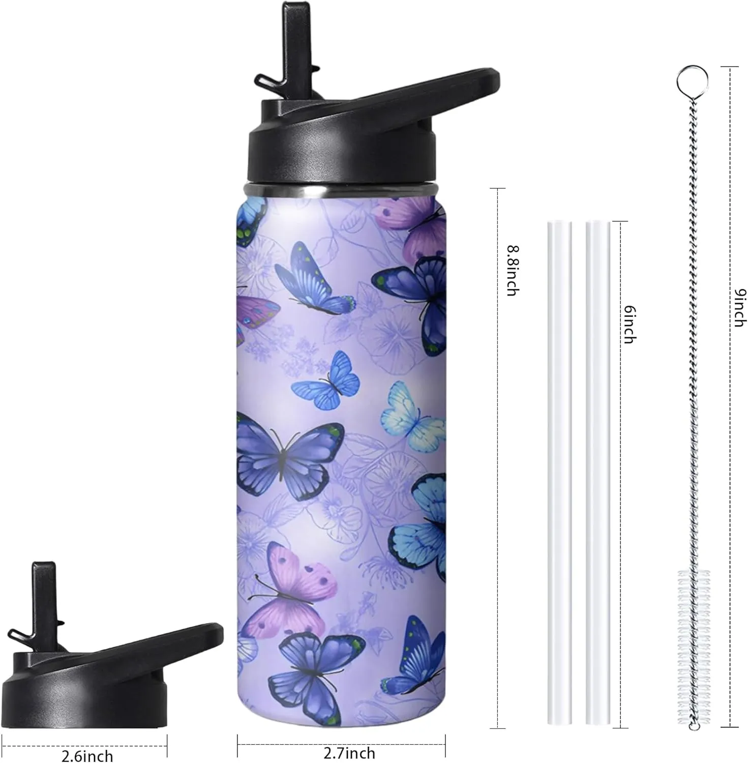 18oz Butterfly Water Bottle with Handle and Flip Straw, Floral Sports Stainless Steel Insulated Cup, Travel Coffee Mug Tumbler, Birthday Mothers Day Chritmas Gifts for Women Animal Lovers