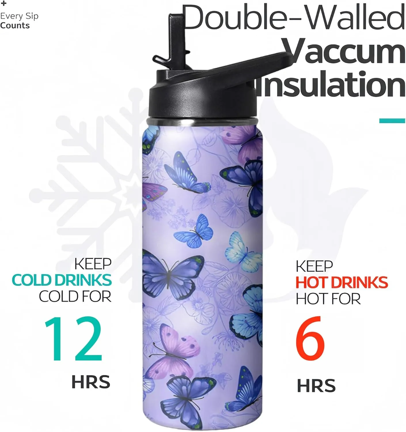 18oz Butterfly Water Bottle with Handle and Flip Straw, Floral Sports Stainless Steel Insulated Cup, Travel Coffee Mug Tumbler, Birthday Mothers Day Chritmas Gifts for Women Animal Lovers