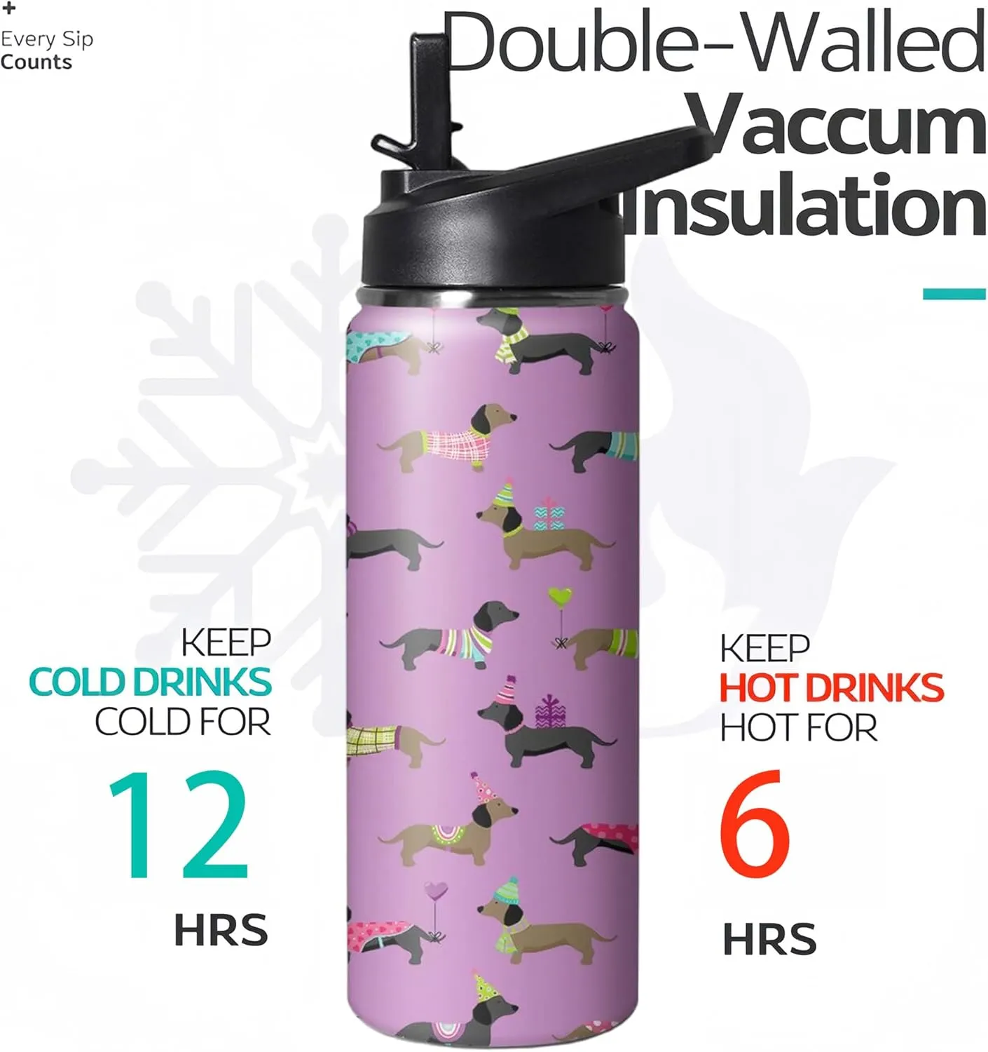 18oz Cute Dachshund Water Bottle with Handle and Flip Straw, Dog Sports Stainless Steel Insulated Cup, Travel Coffee Mug Tumbler, Birthday Mothers Day Chritmas Gifts for Women Animal Lovers