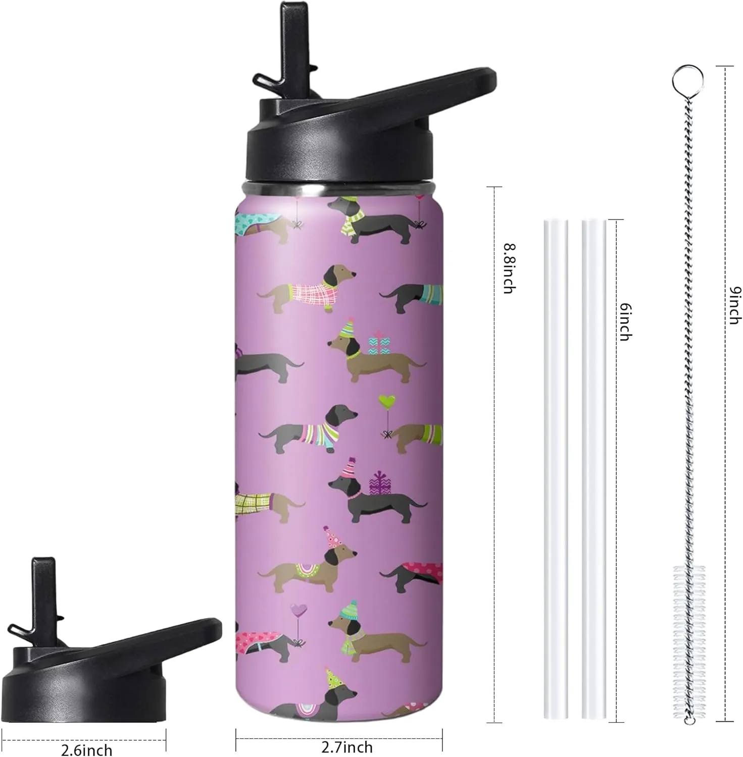 18oz Cute Dachshund Water Bottle with Handle and Flip Straw, Dog Sports Stainless Steel Insulated Cup, Travel Coffee Mug Tumbler, Birthday Mothers Day Chritmas Gifts for Women Animal Lovers