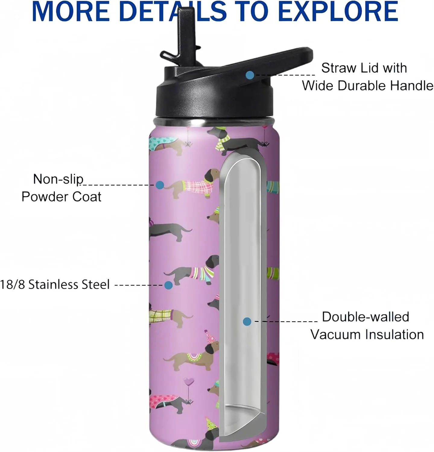18oz Cute Dachshund Water Bottle with Handle and Flip Straw, Dog Sports Stainless Steel Insulated Cup, Travel Coffee Mug Tumbler, Birthday Mothers Day Chritmas Gifts for Women Animal Lovers