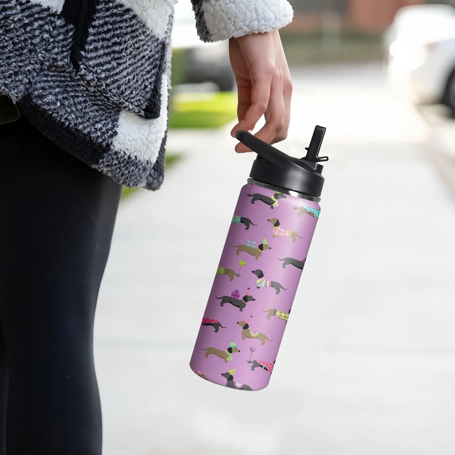 18oz Cute Dachshund Water Bottle with Handle and Flip Straw, Dog Sports Stainless Steel Insulated Cup, Travel Coffee Mug Tumbler, Birthday Mothers Day Chritmas Gifts for Women Animal Lovers