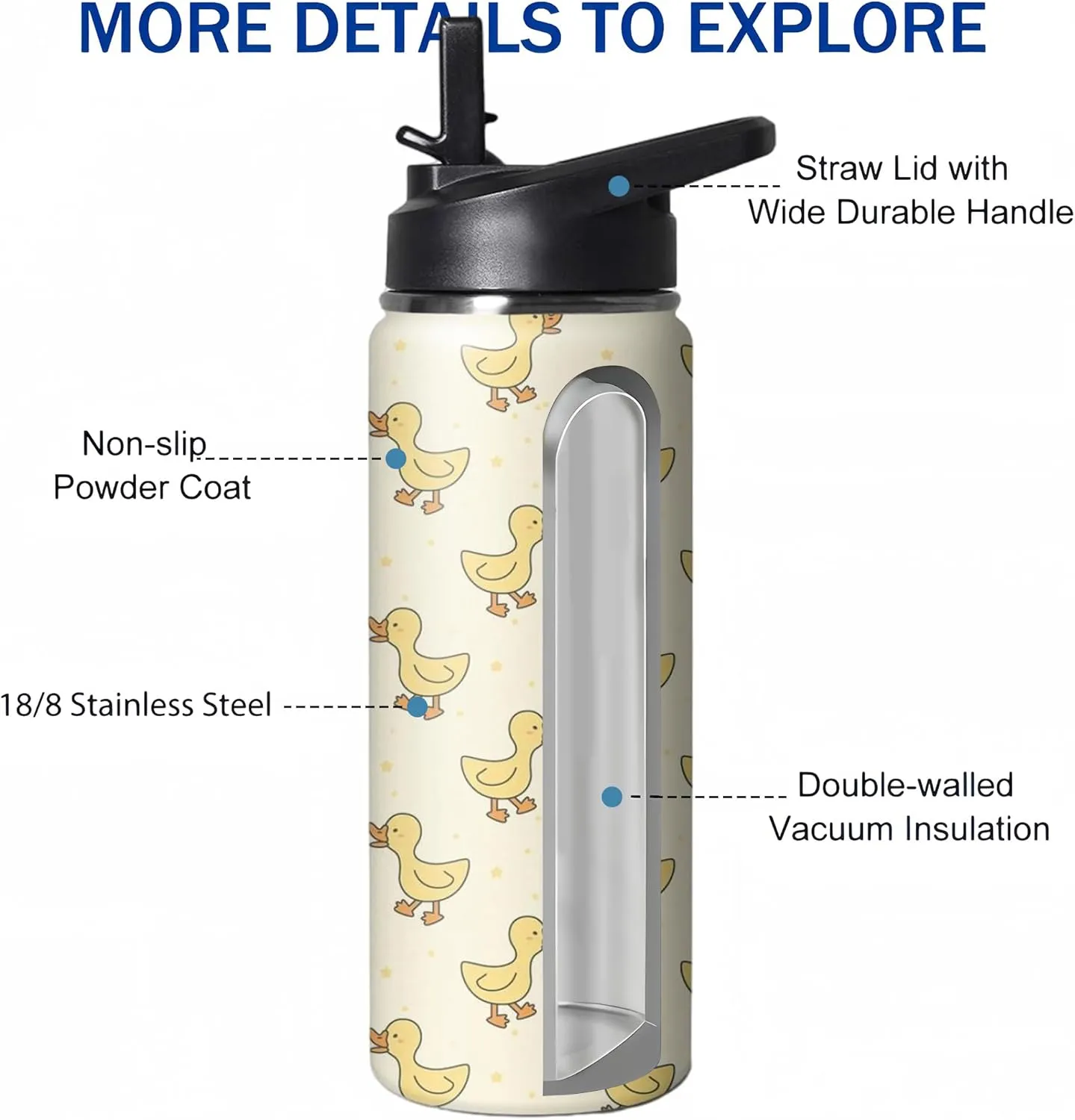 18oz Cute Duck Water Bottle with Handle and Flip Straw, Sports Stainless Steel Insulated Cup, Travel Coffee Mug Tumbler, Birthday Mothers Day Chritmas Gifts for Women Animal Lovers