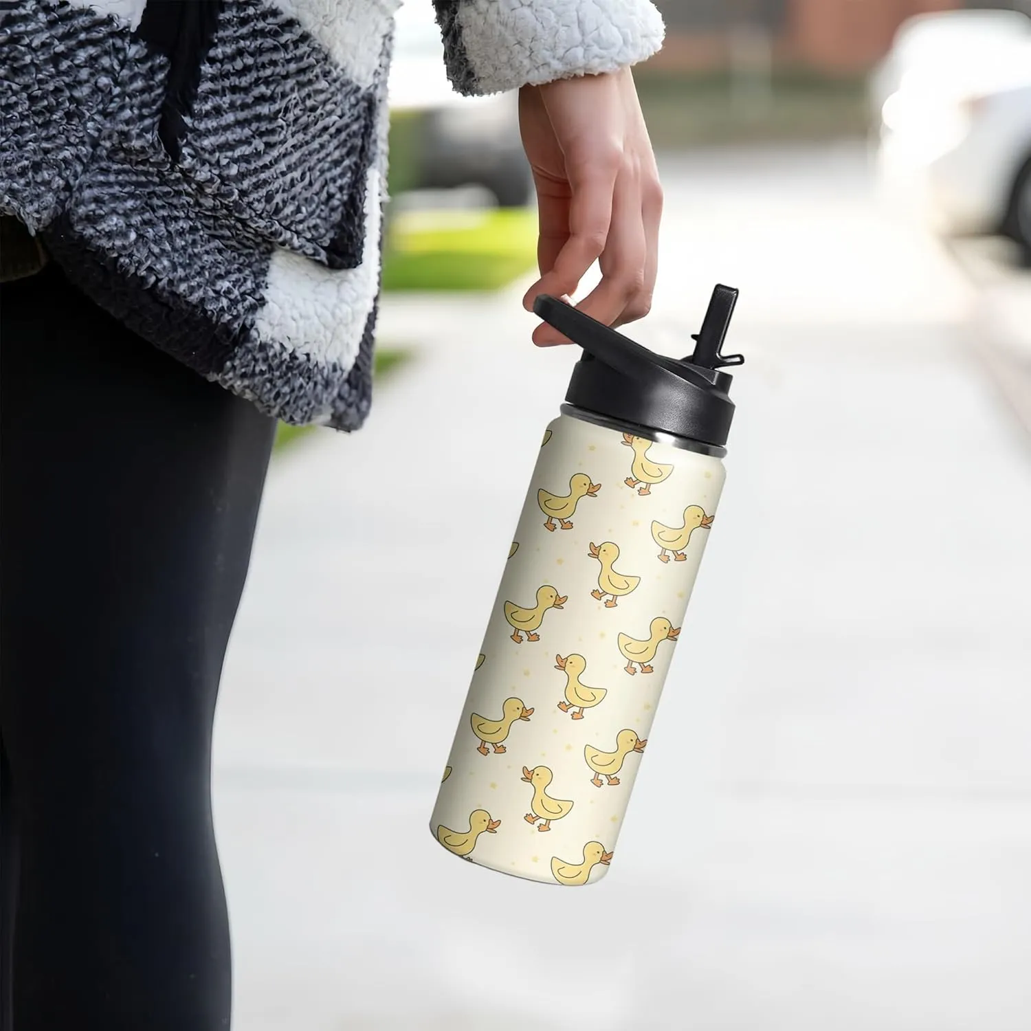 18oz Cute Duck Water Bottle with Handle and Flip Straw, Sports Stainless Steel Insulated Cup, Travel Coffee Mug Tumbler, Birthday Mothers Day Chritmas Gifts for Women Animal Lovers