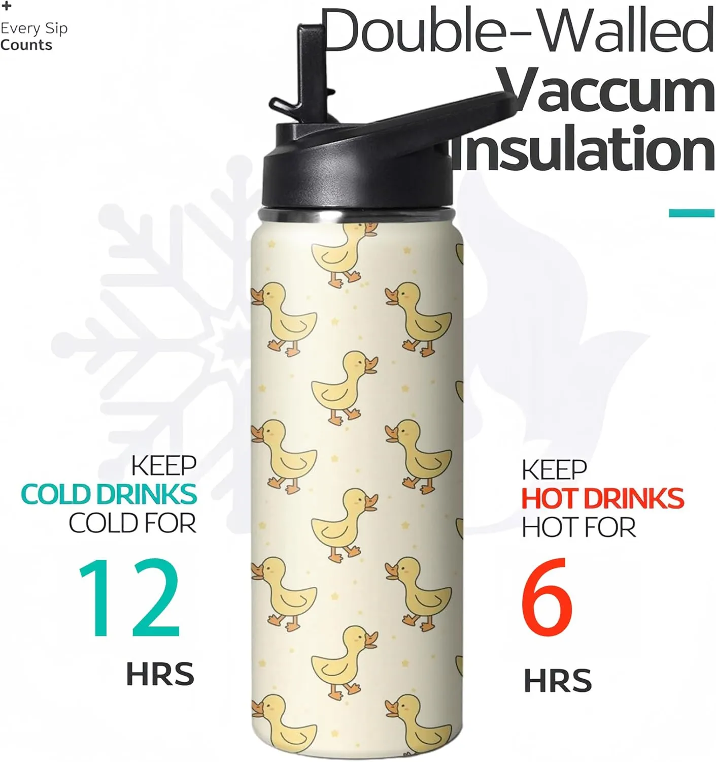 18oz Cute Duck Water Bottle with Handle and Flip Straw, Sports Stainless Steel Insulated Cup, Travel Coffee Mug Tumbler, Birthday Mothers Day Chritmas Gifts for Women Animal Lovers