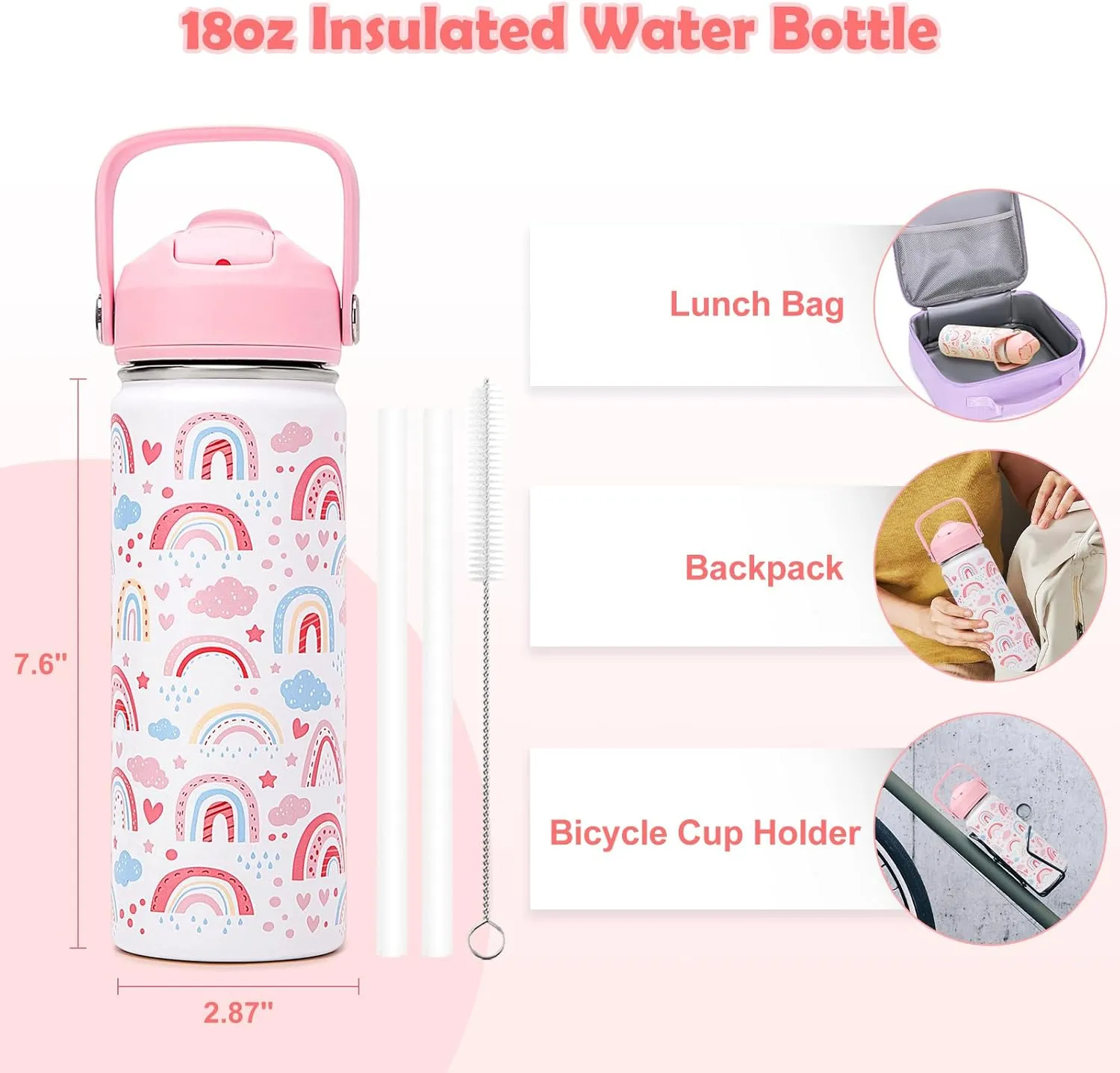 18oz Kids Insulated Water Bottle with Straw Lid - 18/8 Stainless Steel Kid Cup BPA-FREE Travel Tumbler Double Wall Vacuum Leak Proof Portable Toddler Water Bottle(Rainbow)