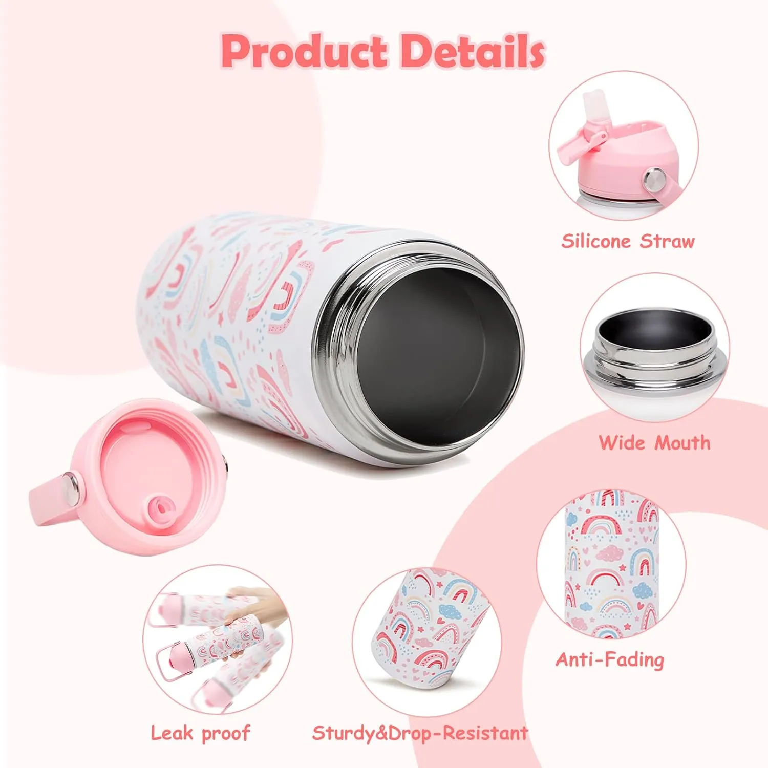 18oz Kids Insulated Water Bottle with Straw Lid - 18/8 Stainless Steel Kid Cup BPA-FREE Travel Tumbler Double Wall Vacuum Leak Proof Portable Toddler Water Bottle(Rainbow)