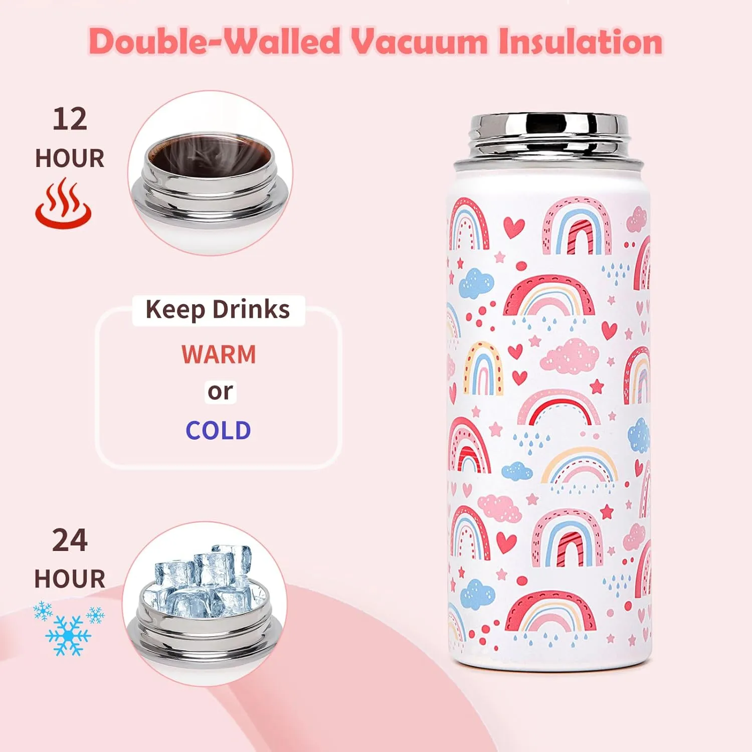 18oz Kids Insulated Water Bottle with Straw Lid - 18/8 Stainless Steel Kid Cup BPA-FREE Travel Tumbler Double Wall Vacuum Leak Proof Portable Toddler Water Bottle(Rainbow)