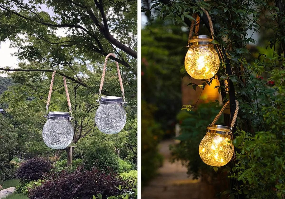 2 Pack Hanging Solar Powered LED Lights,Cracked Glass Ball Light, Waterproof Outdoor Christmas Decorative Lantern for Garden, Yard, Patio, Lawn(Warm White)