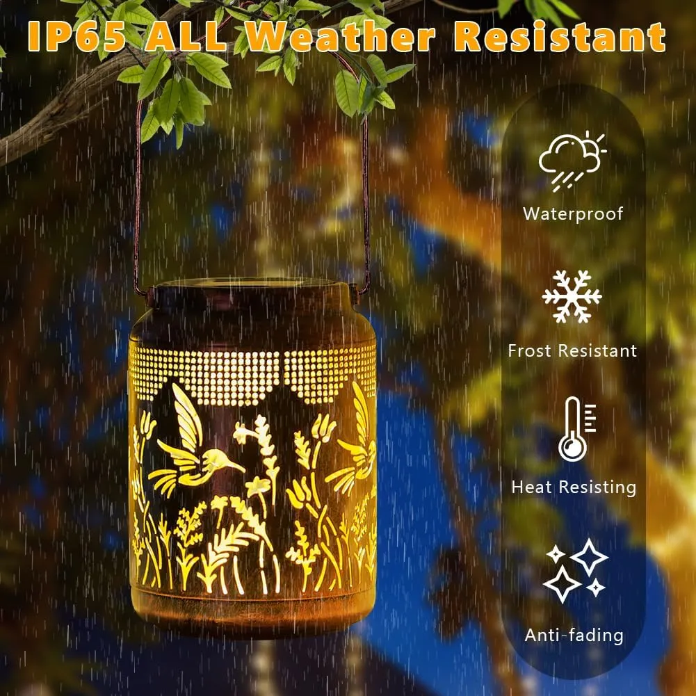 2 Pack Hummingbird Solar Lanterns Outdoor Waterproof LED 6.9" Metal Hanging Solar Lights Outdoor Hummingbird Decorative Lanterns for Patio,Garden,Pathway,Lawn Yard Birthday Gifts for Women Mom