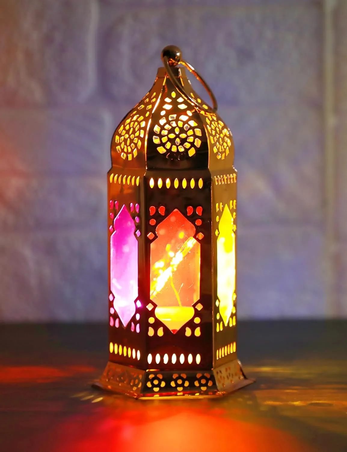 2 Pack Moroccan Style LED Candle Lantern Battery Powered, Small Tealight Candle lamp with Transparent Glass Panels, 7 Inch Hanging Lantern Indoor for Ramadan Decorative Metal Lamp （Rose Gold）