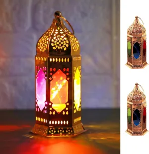 2 Pack Moroccan Style LED Candle Lantern Battery Powered, Small Tealight Candle lamp with Transparent Glass Panels, 7 Inch Hanging Lantern Indoor for Ramadan Decorative Metal Lamp （Rose Gold）