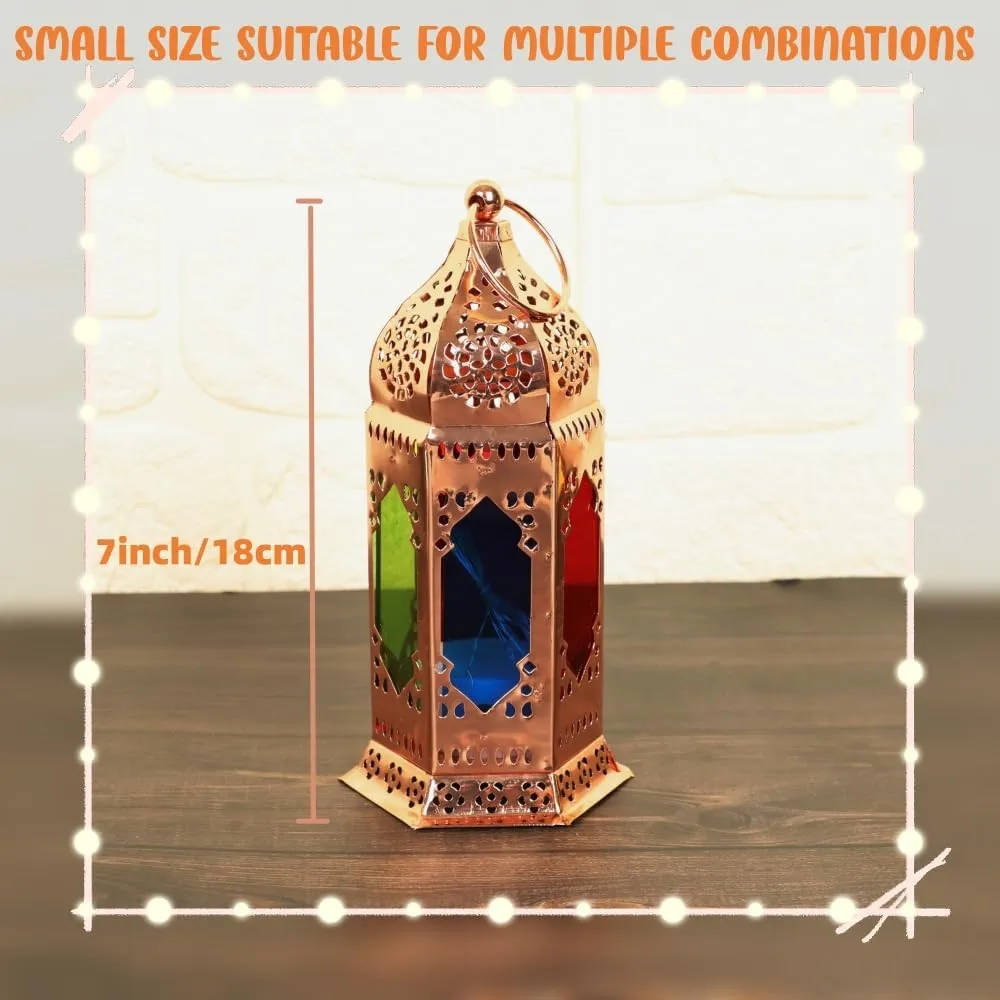 2 Pack Moroccan Style LED Candle Lantern Battery Powered, Small Tealight Candle lamp with Transparent Glass Panels, 7 Inch Hanging Lantern Indoor for Ramadan Decorative Metal Lamp （Rose Gold）